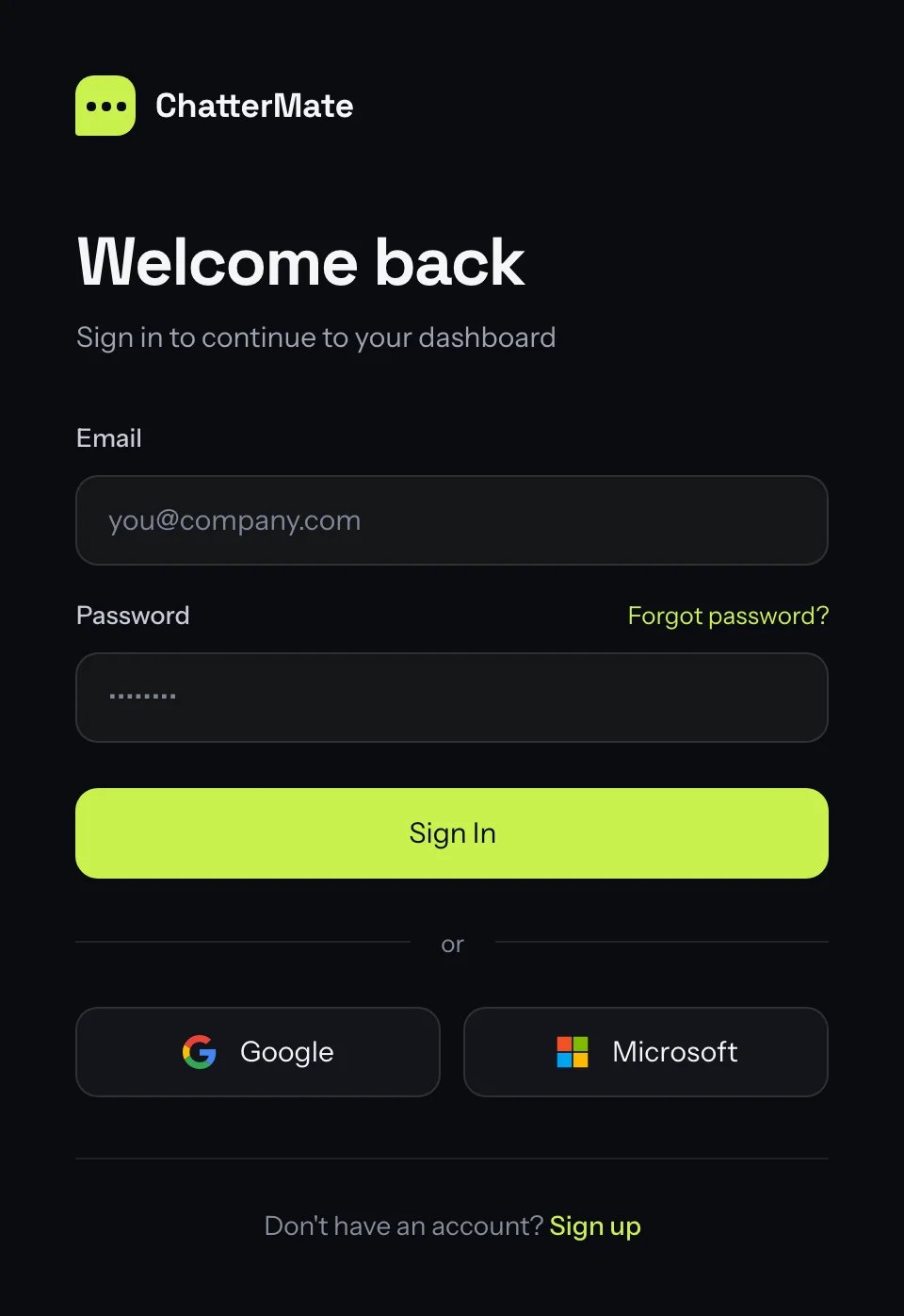 The login page with Google and Microsoft buttons below the password form