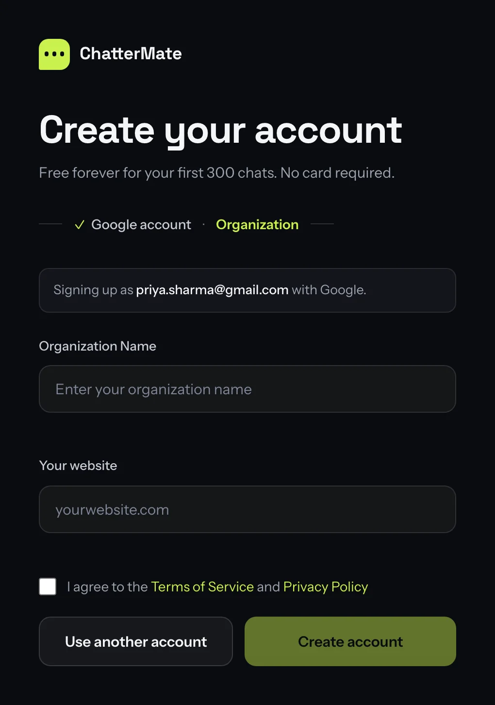 Signing up as an address with Google, followed by the organization step