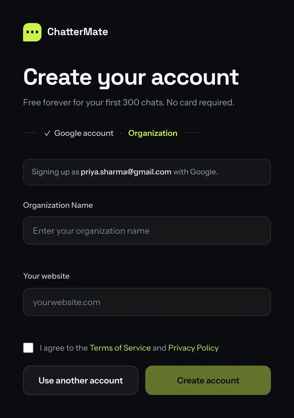 Signing up as an address with Google, followed by the organization step