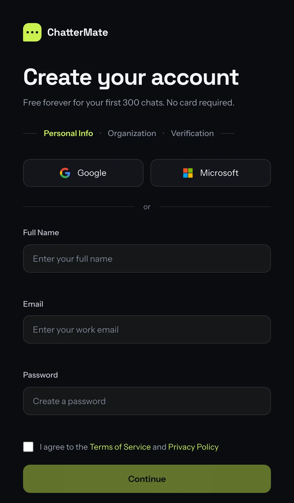 The signup page with Google and Microsoft buttons above the email form