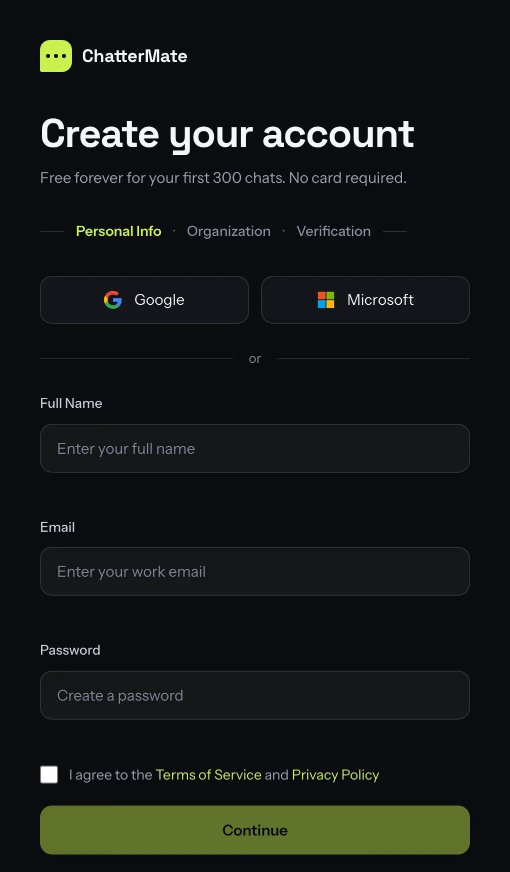 The signup page with Google and Microsoft buttons above the email form