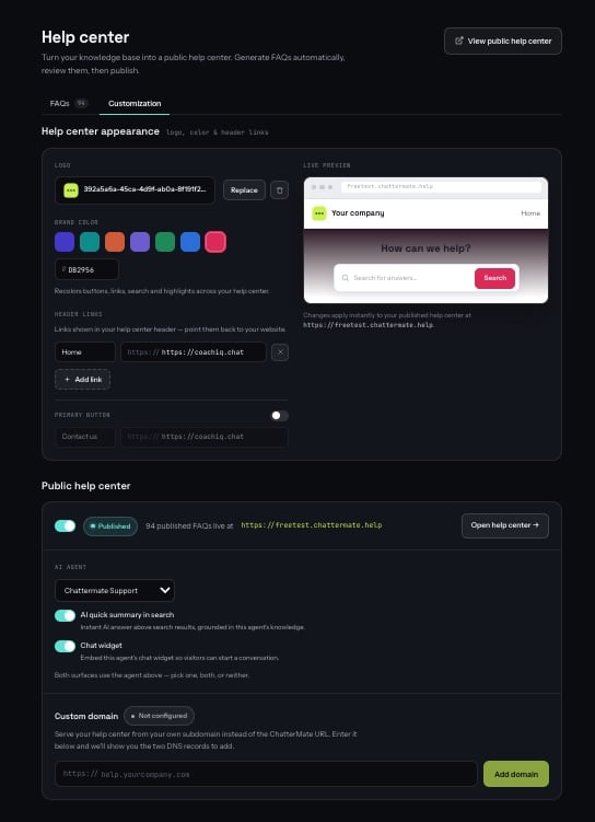 Help Center customization — logo, brand color, header links, AI search and chat-widget toggles