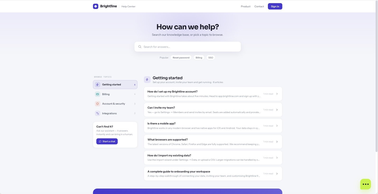Public ChatterMate help center — search bar, browse-by-topic, and article cards