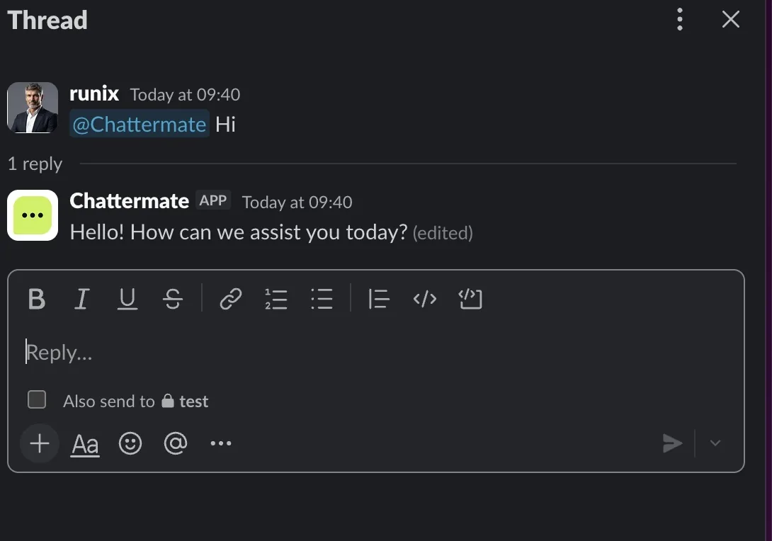 ChatterMate answering an @mention inside a Slack thread