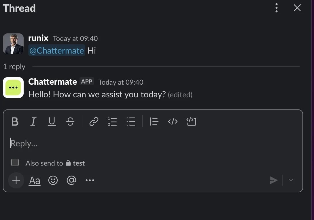 ChatterMate answering an @mention inside a Slack thread