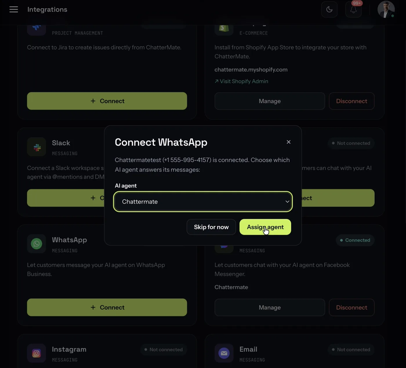 Choosing which AI agent answers the connected WhatsApp number