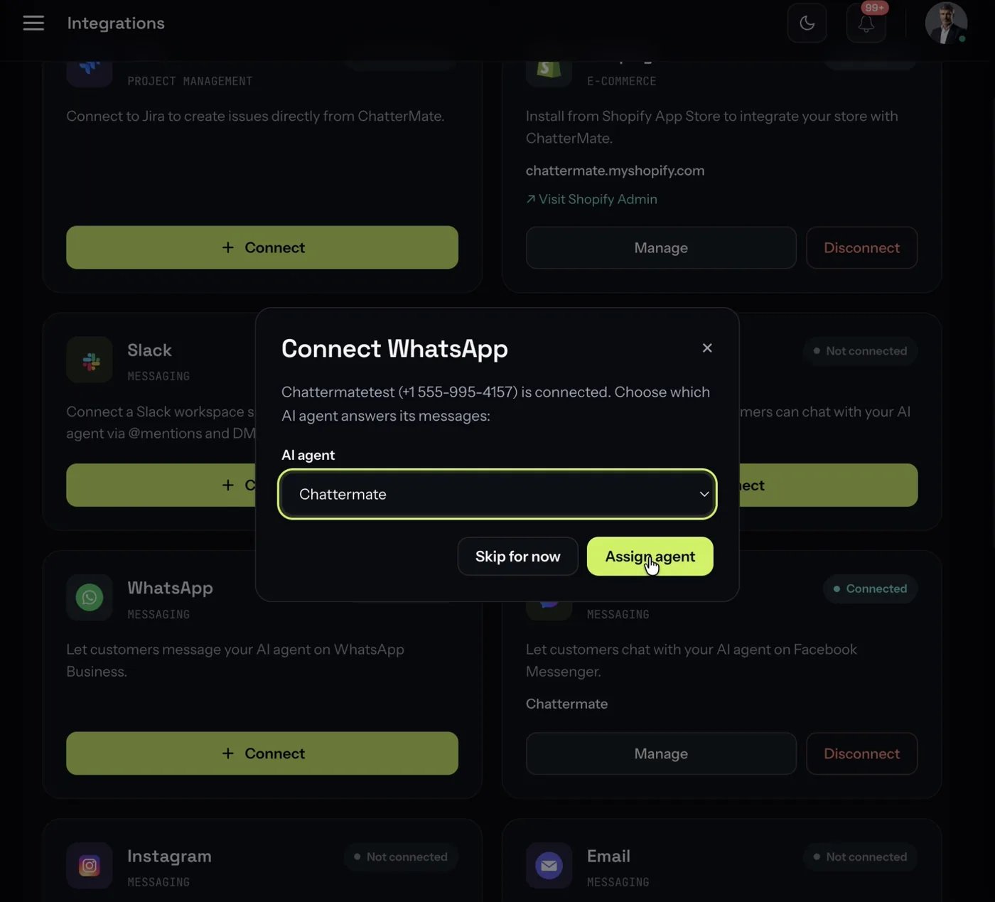 Choosing which AI agent answers the connected WhatsApp number