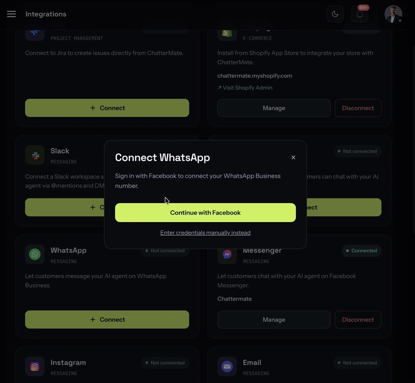 The Connect WhatsApp dialog offering Continue with Facebook
