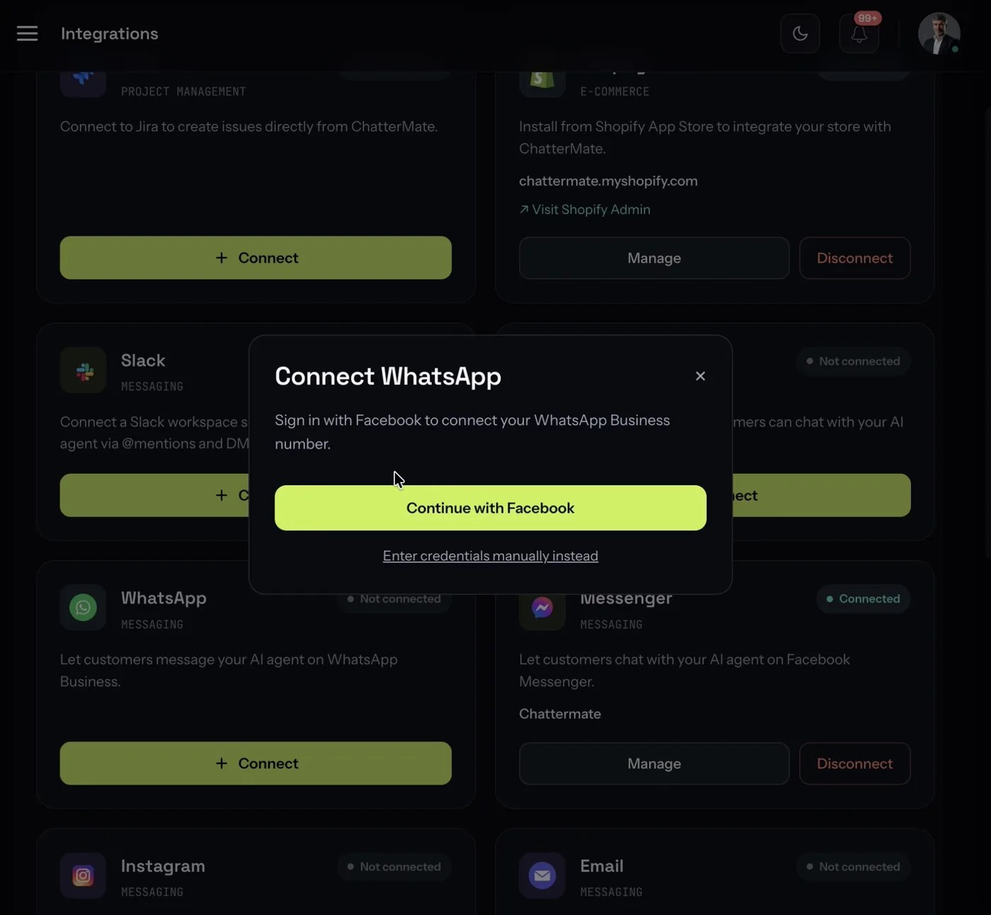 The Connect WhatsApp dialog offering Continue with Facebook