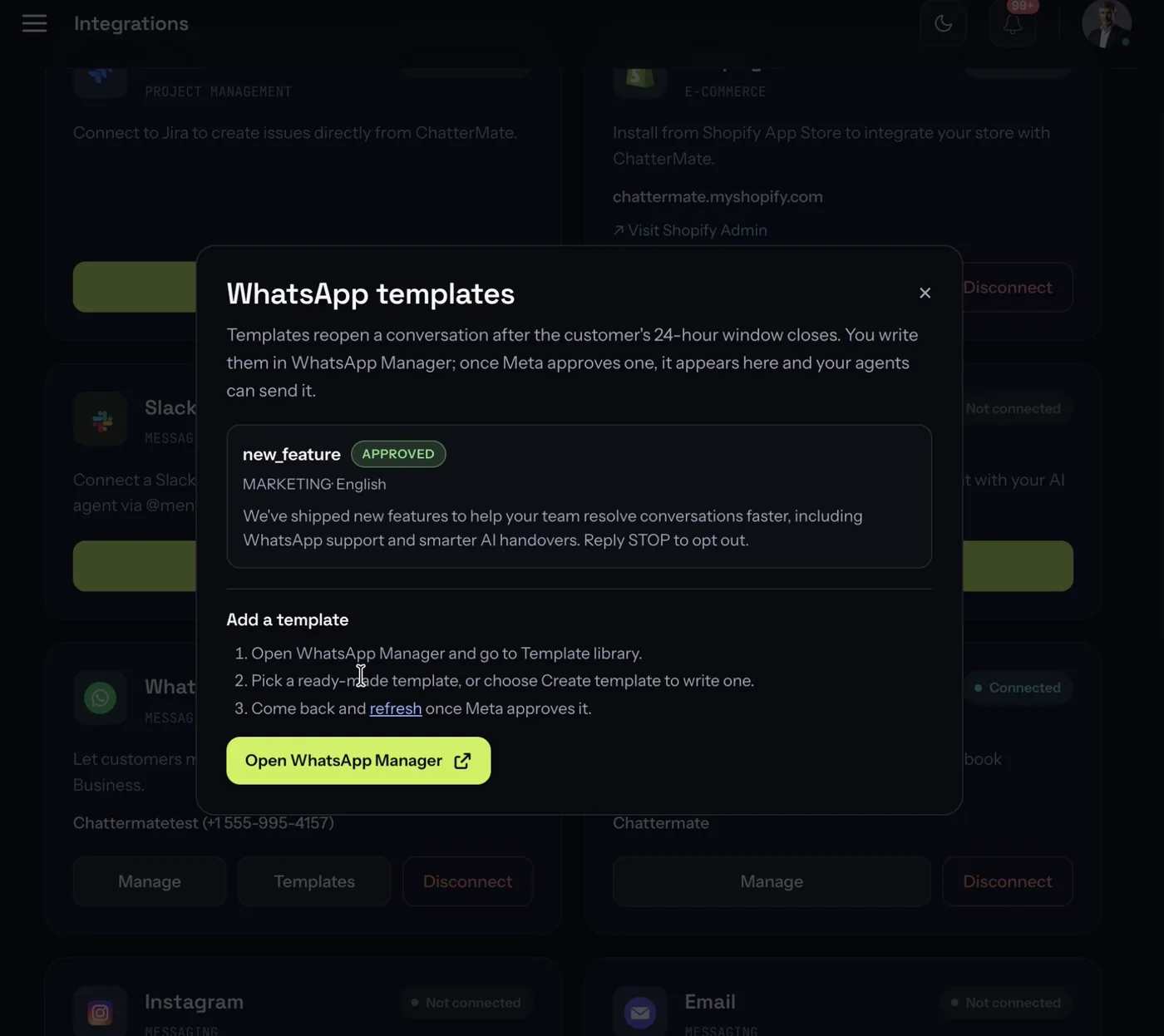The WhatsApp templates dialog listing an approved template