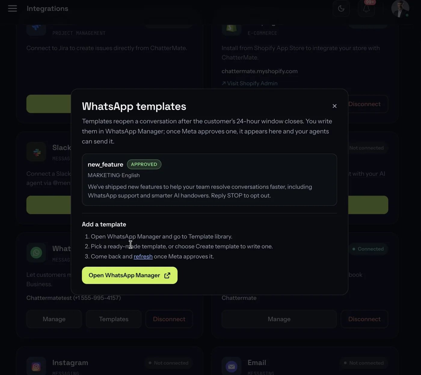 The WhatsApp templates dialog listing an approved template