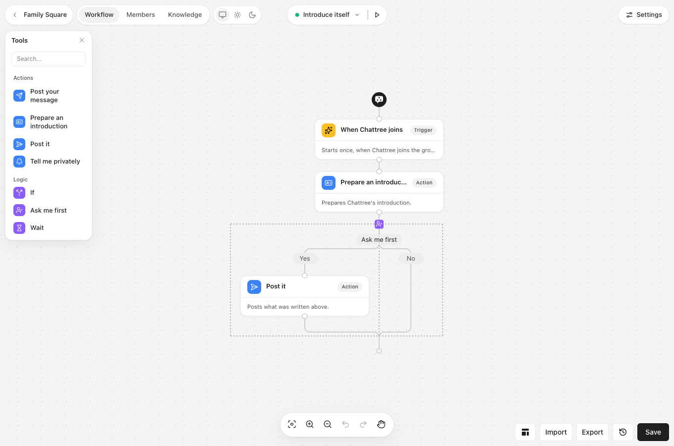 The workflow editor: the group's name and its Workflow, Members and Knowledge tabs at the top left, the flow switcher in the middle, Settings at the top right, the toolbox on the left, one flow on the canvas, and Templates, Import, Export, History and Save at the bottom right.
