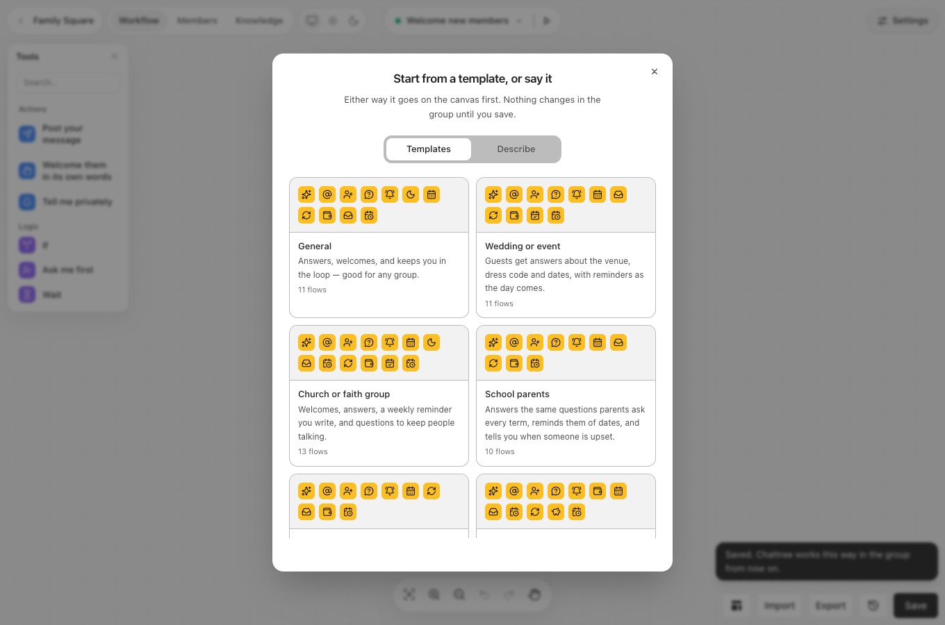 The Templates window: Start from a template, or say it, with Templates and Describe tabs, and a grid of templates such as General, Wedding or event, Church or faith group and School parents, each showing its flows as small icons and how many it has.