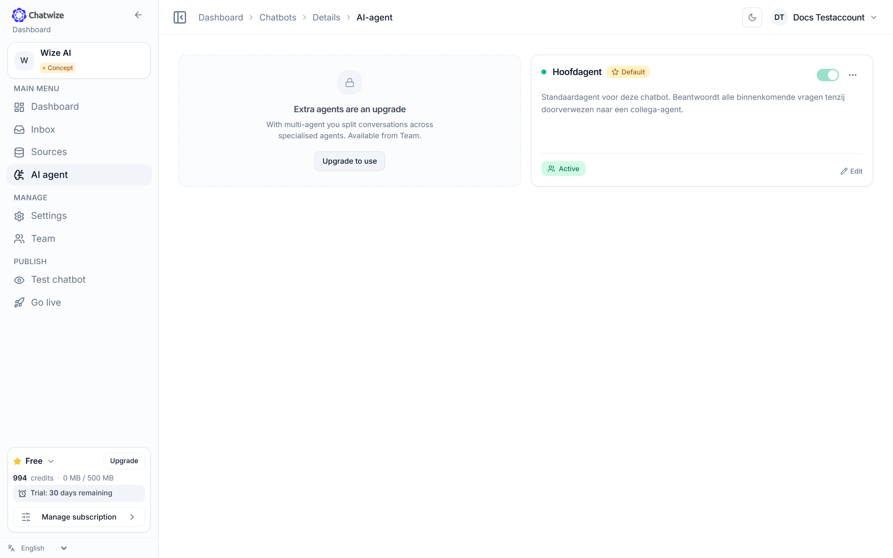 Chatwize AI agent page with the option to create an agent