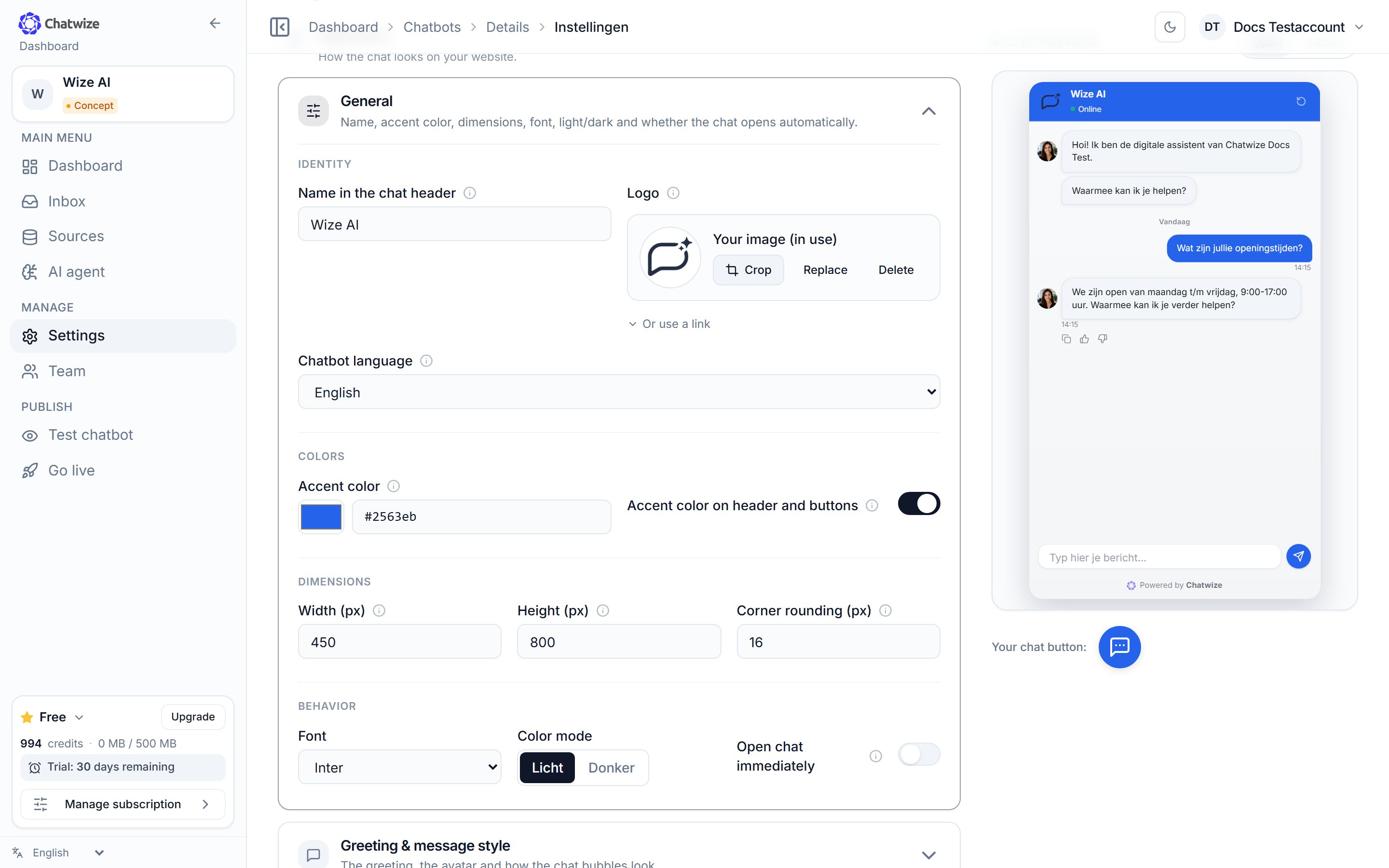 Chatwize Settings page with the Appearance sections