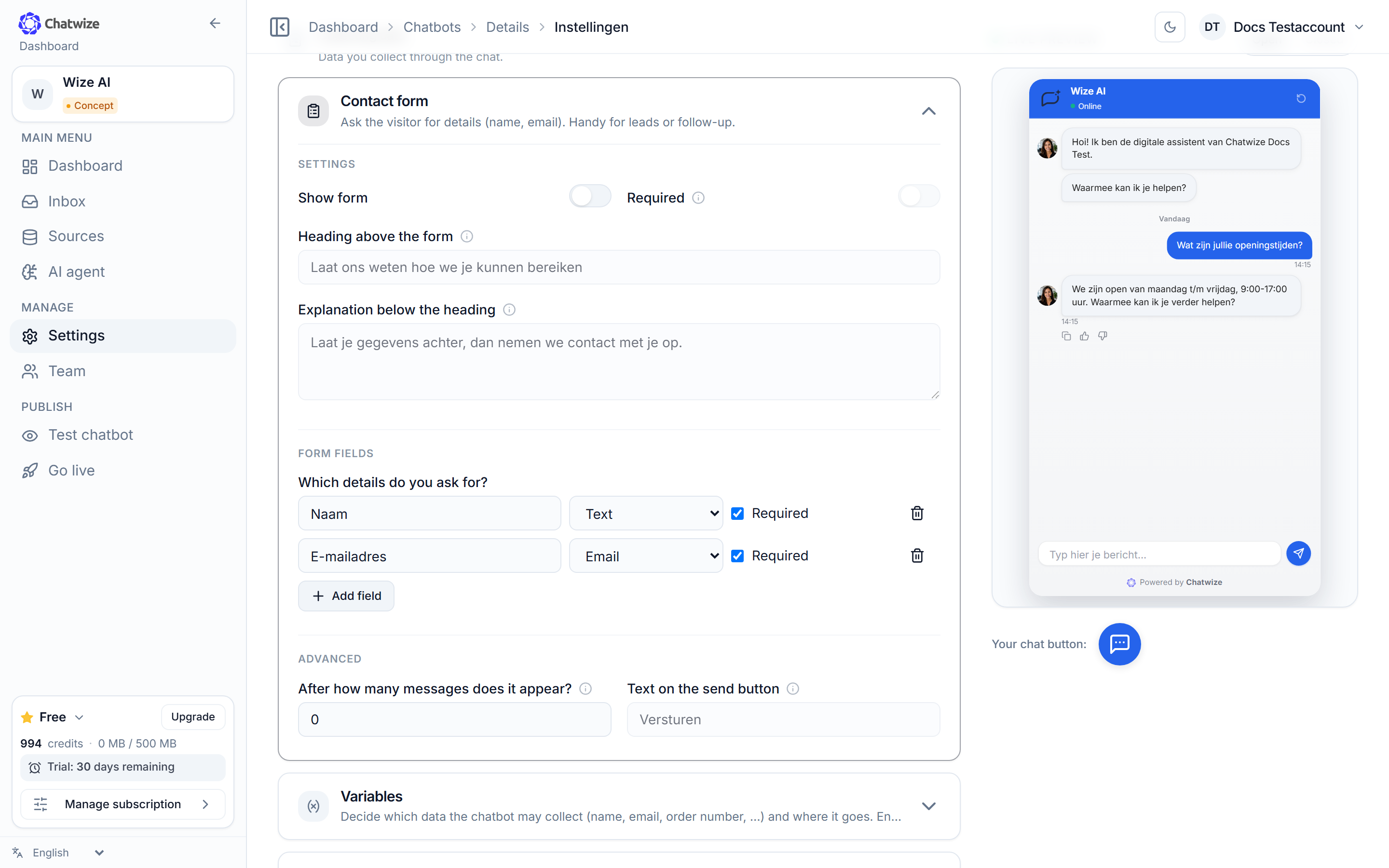 Chatwize Settings page with the Collecting data sections