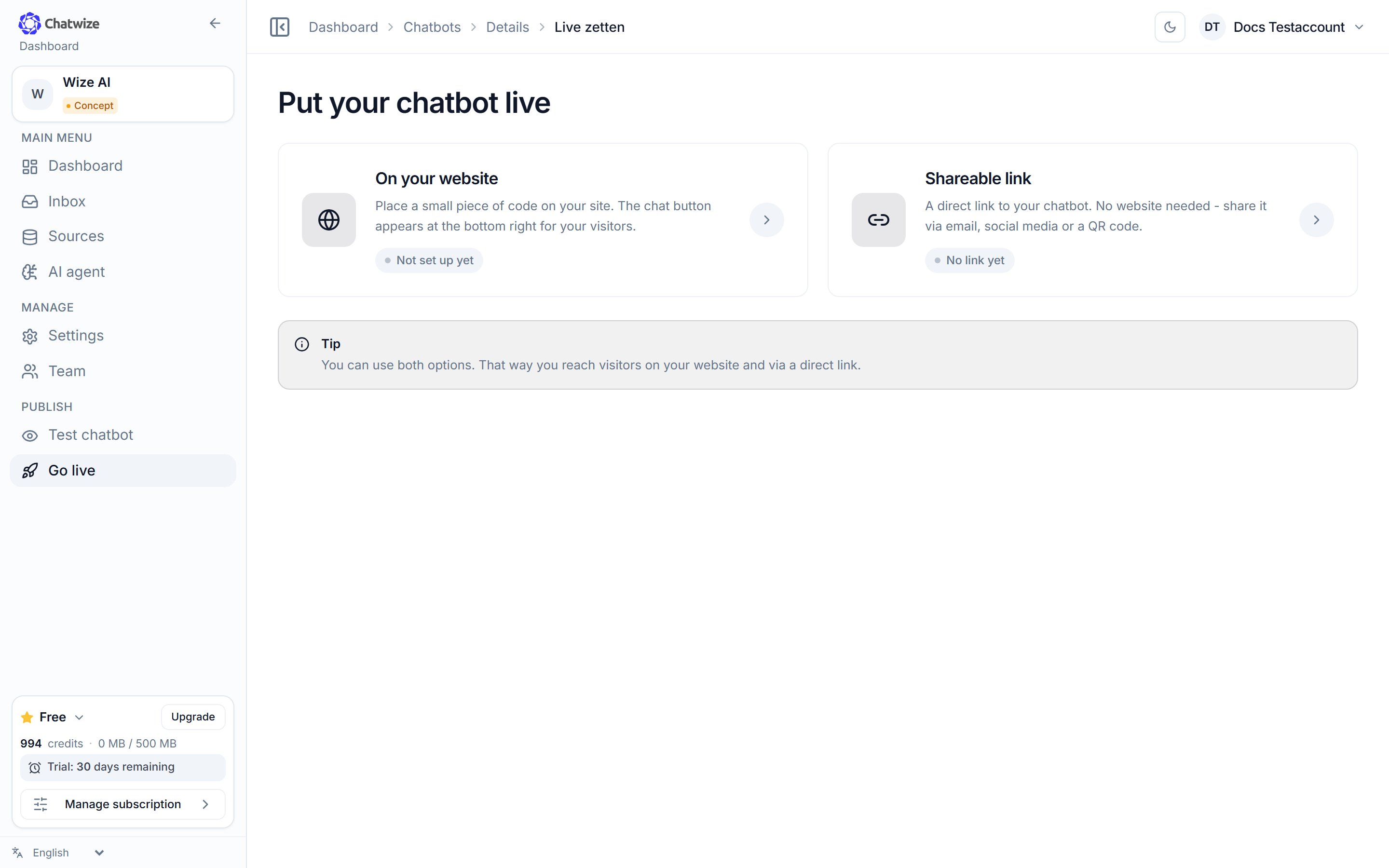 Chatwize Go live page with the On your website option