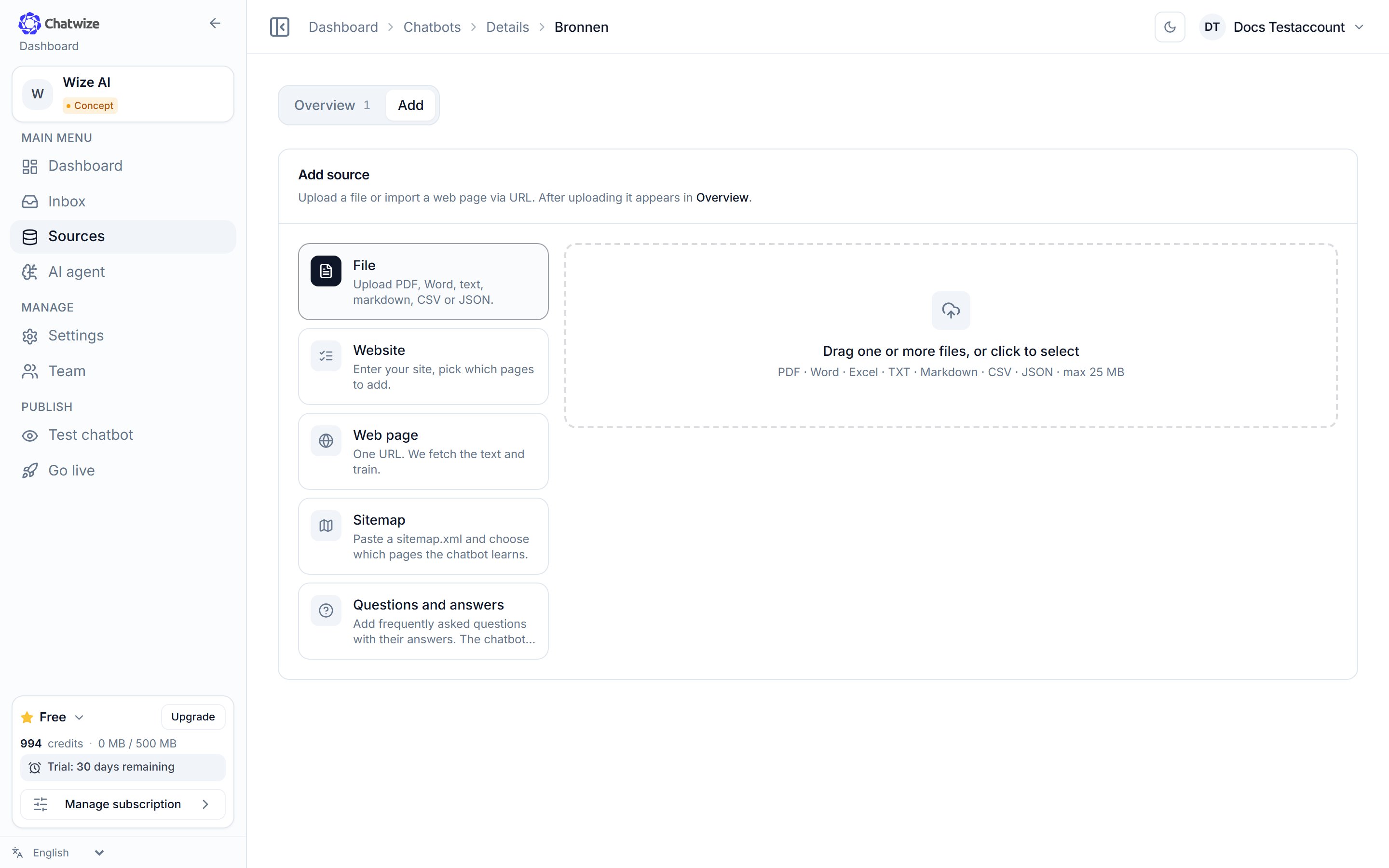 Chatwize sources page with the options to add a source
