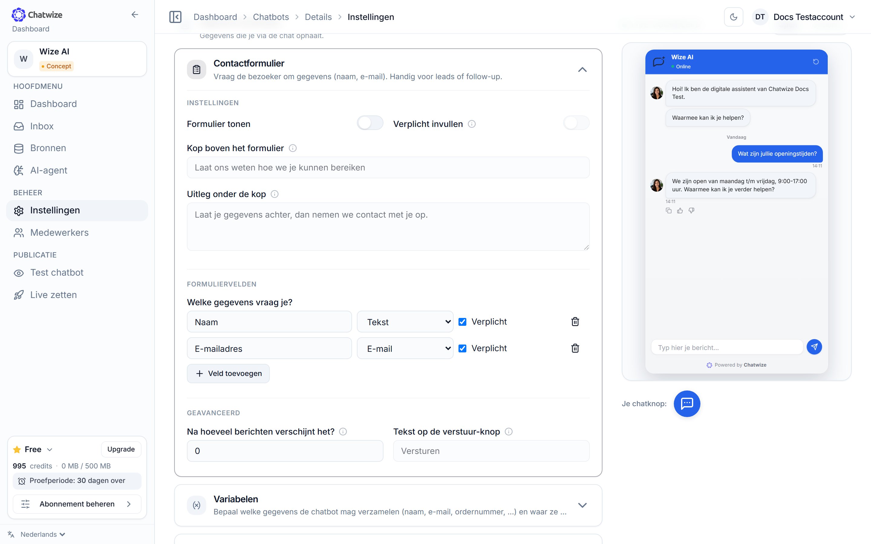 Chatwize Instellingen-pagina met de Gegevens verzamelen-secties