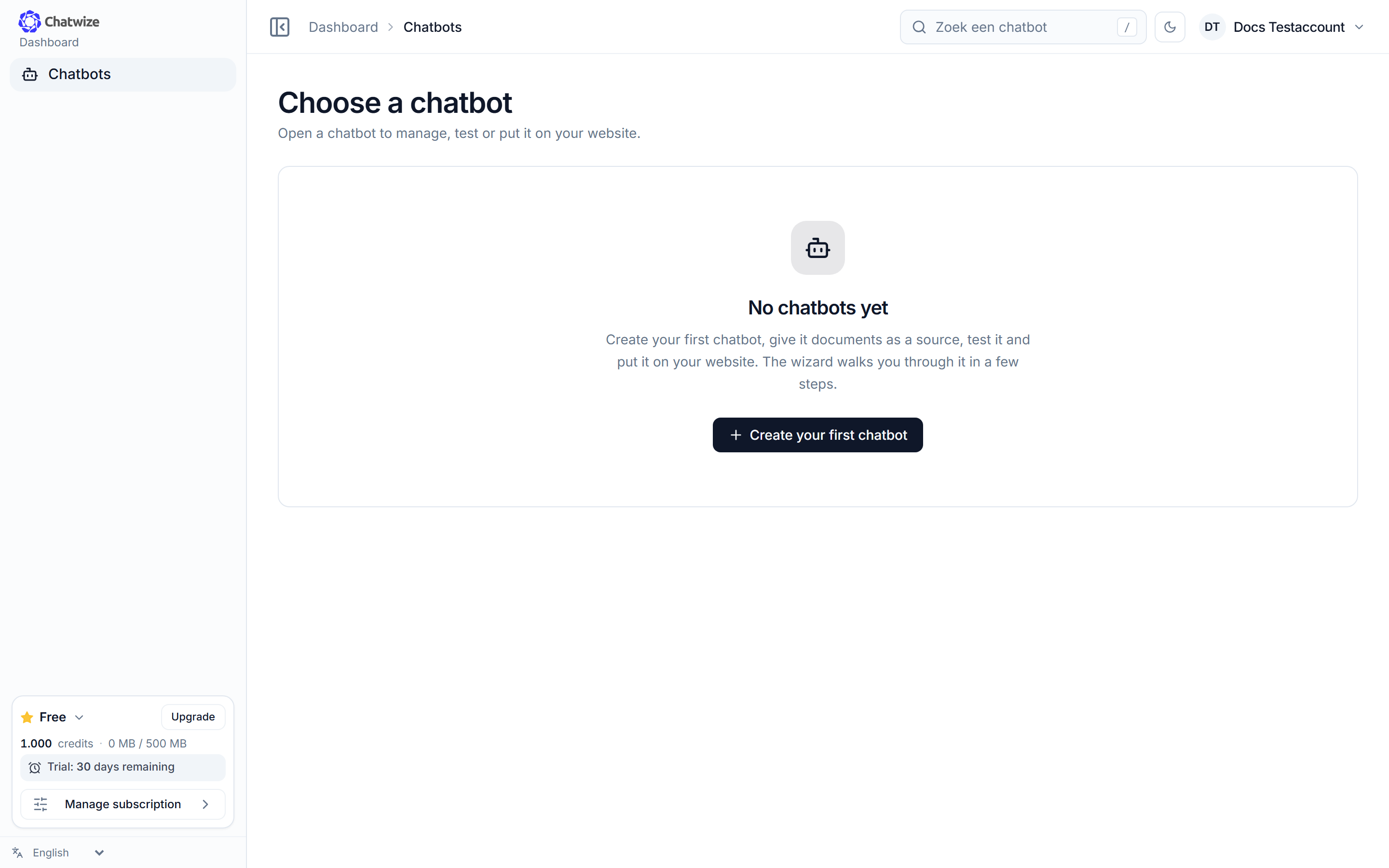 Chatwize Chatbots page with the empty state and the create button