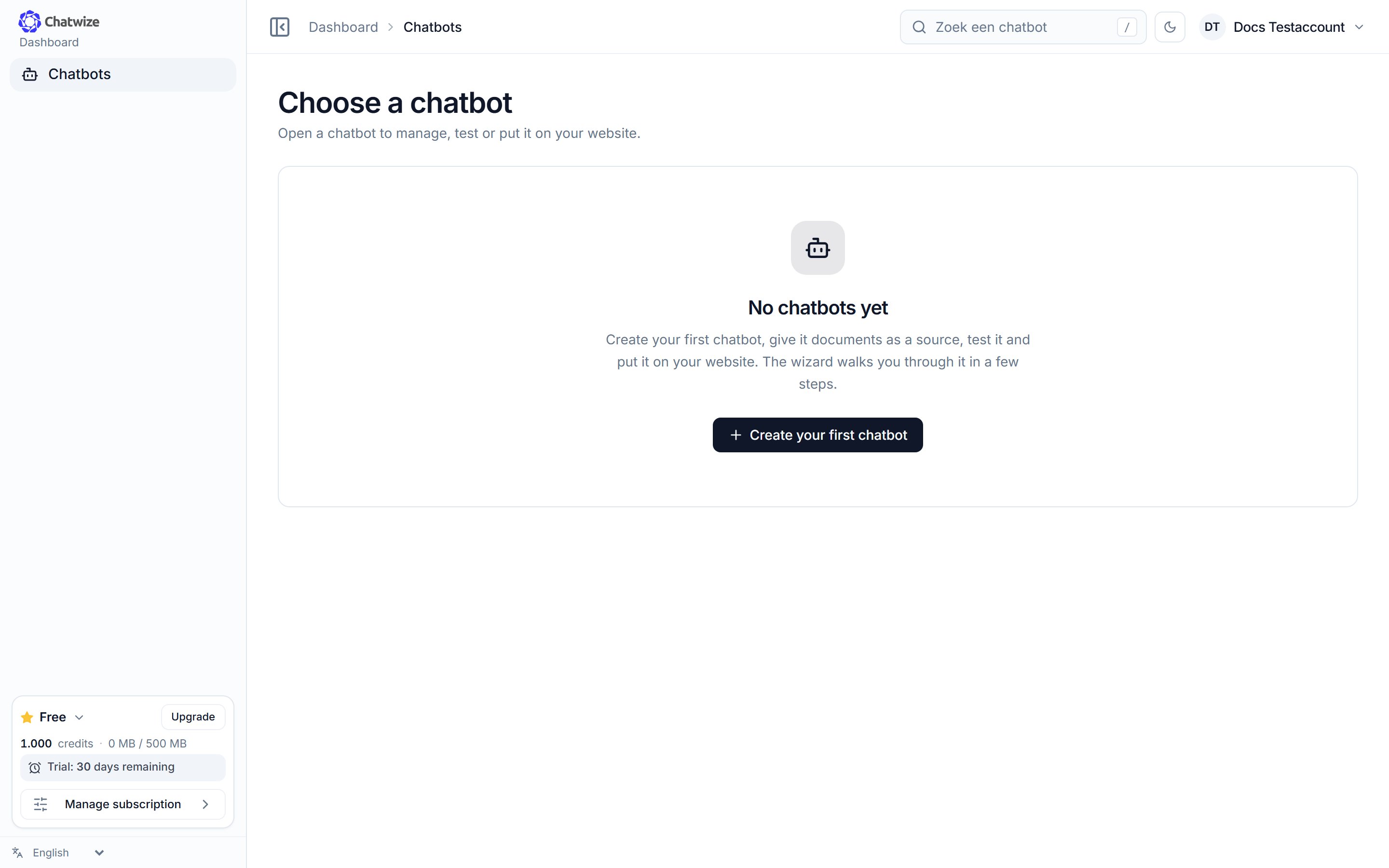 Chatwize Chatbots page with the empty state and the create button