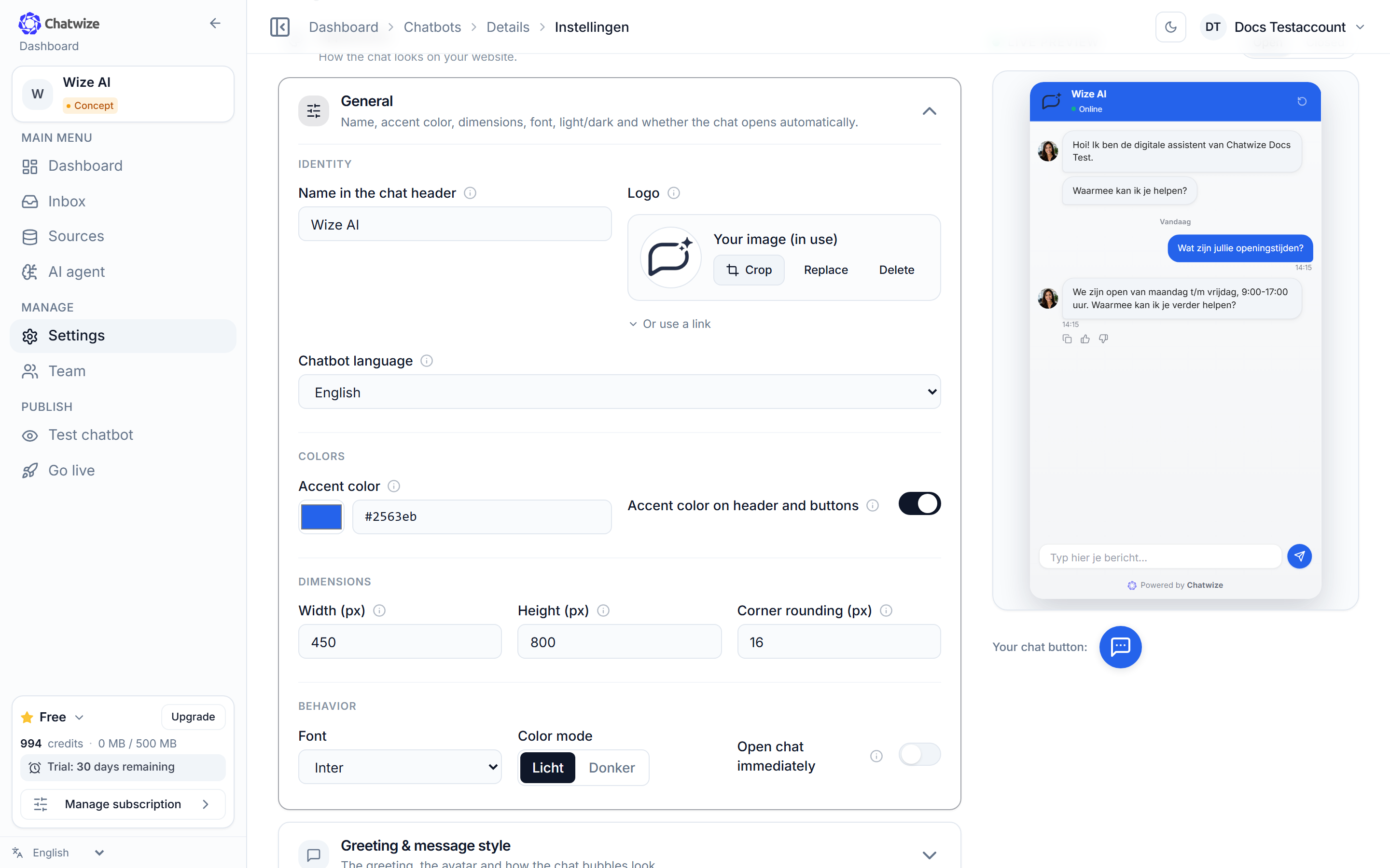 Chatwize Settings page with the Appearance sections