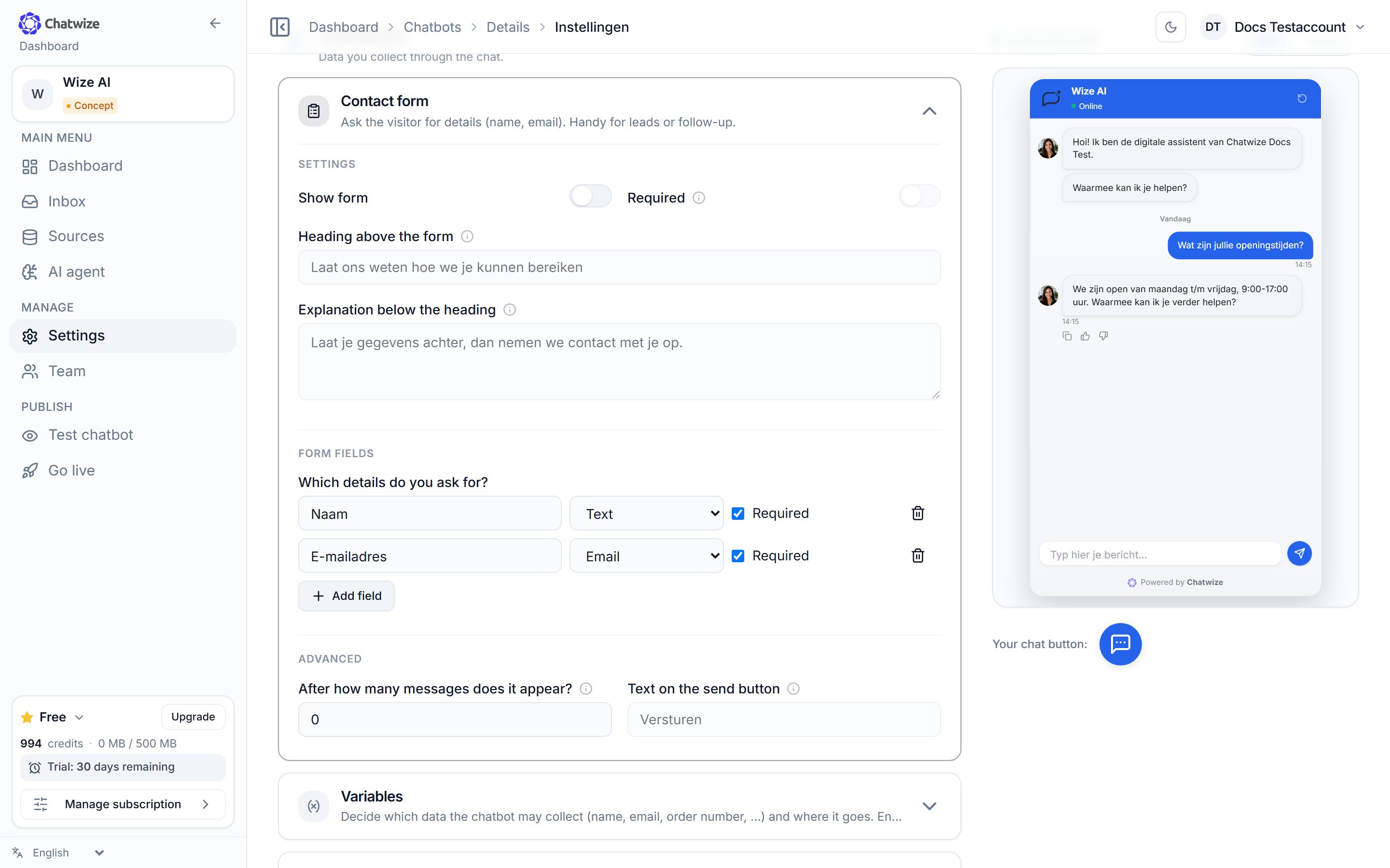 Chatwize Settings page with the Collecting data sections