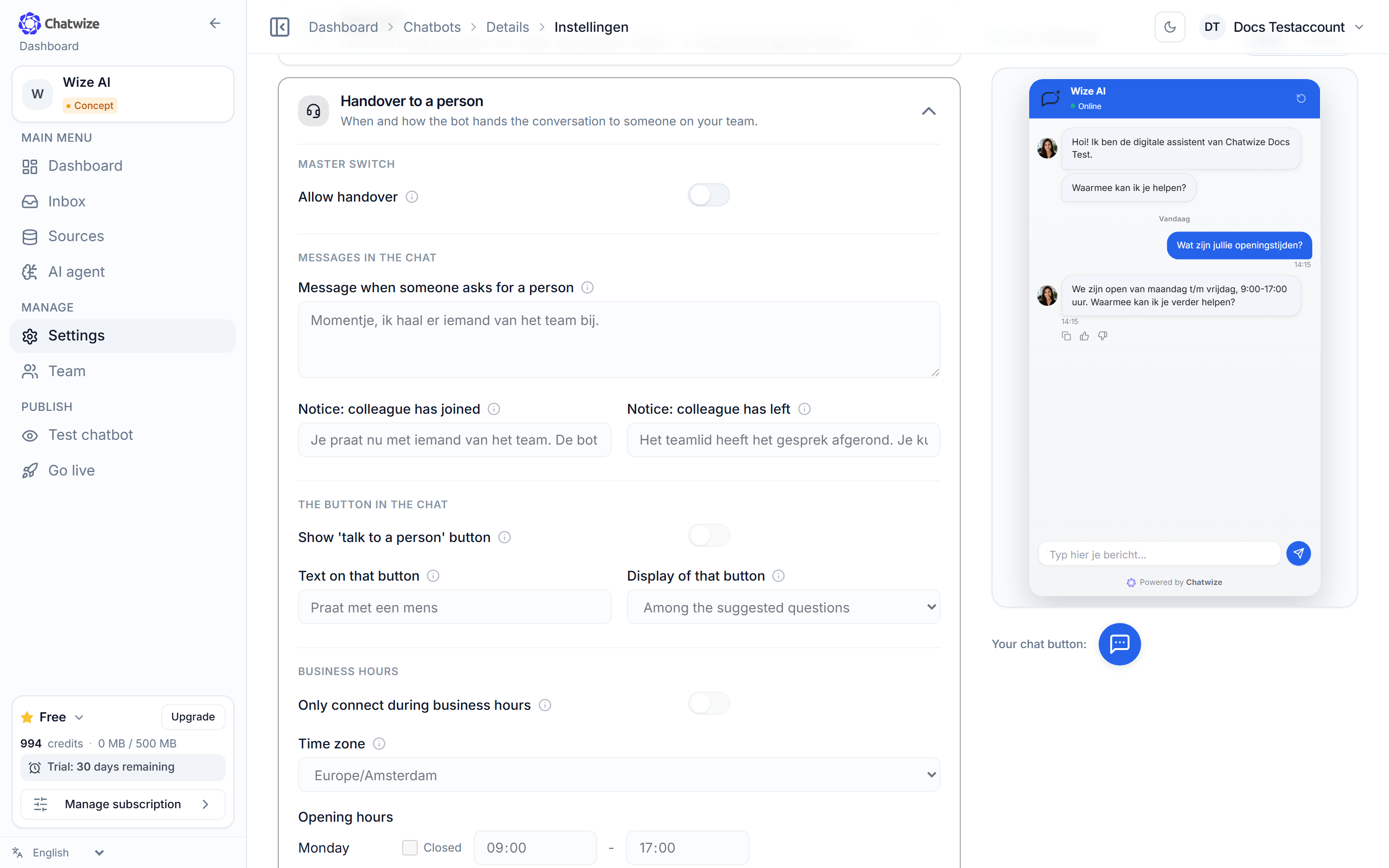 Chatwize Settings page with the Handover to a person section