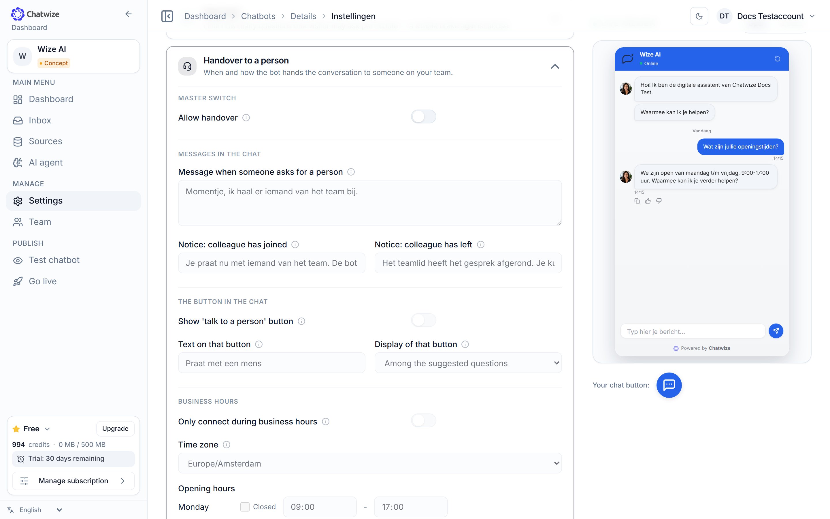 Chatwize Settings page with the Handover to a person section