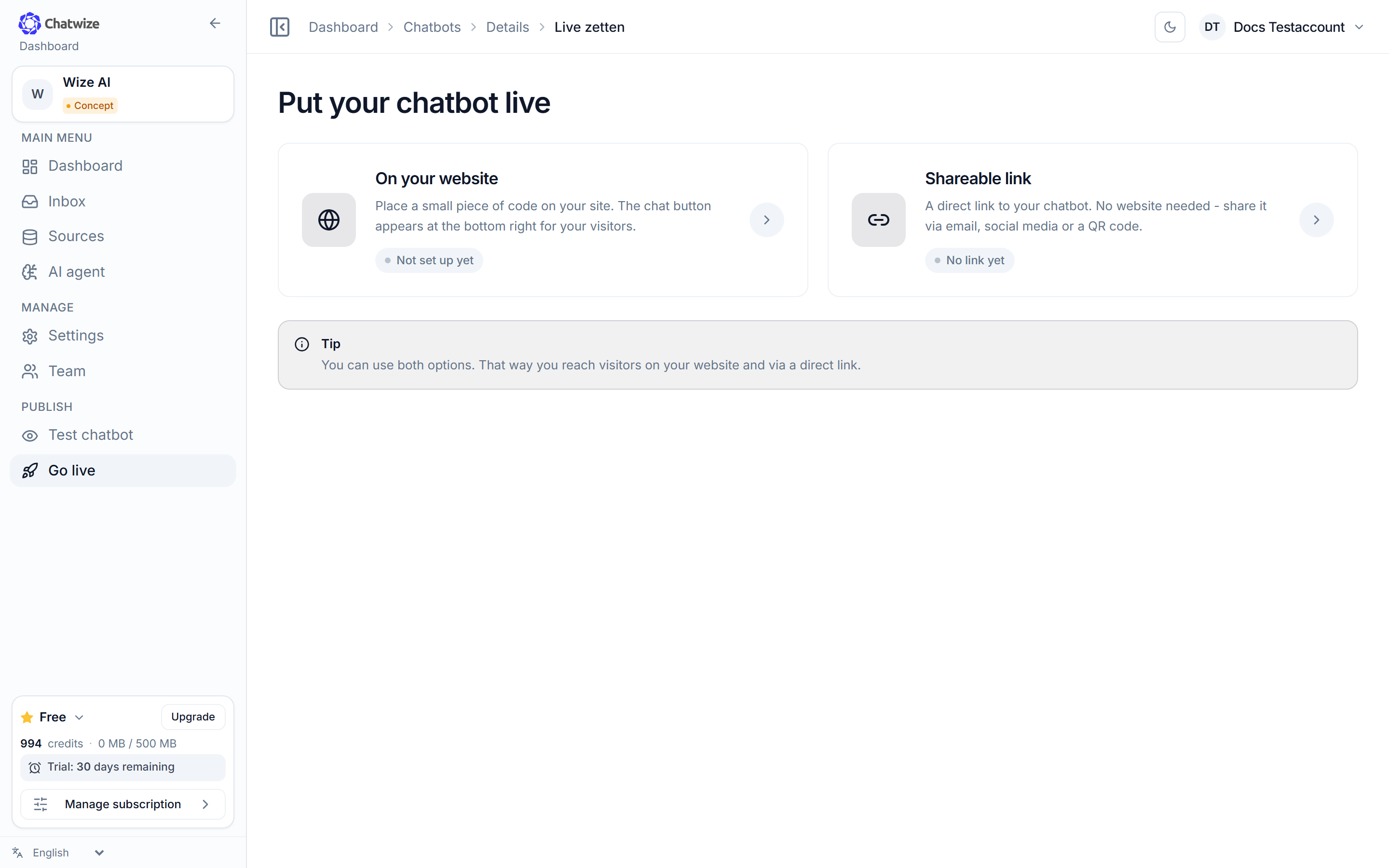 Chatwize Go live page with the On your website option