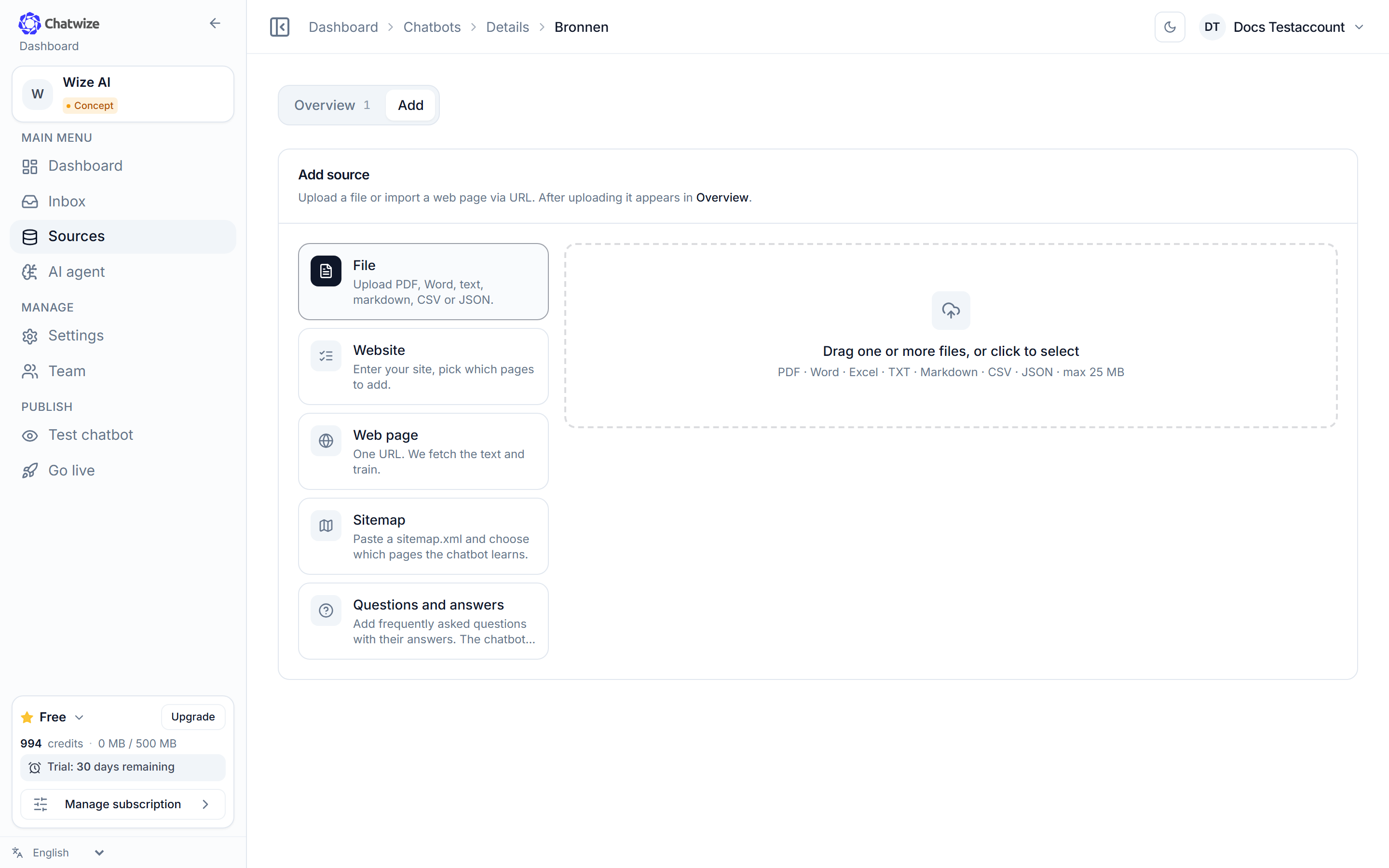 Chatwize sources page with the options to add a source