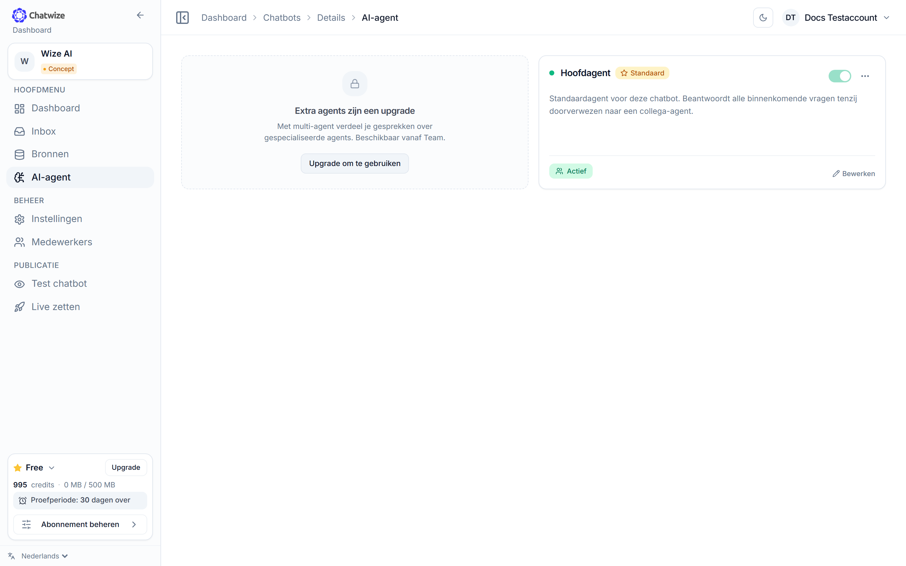Chatwize AI-agent-pagina met de optie om een agent aan te maken
