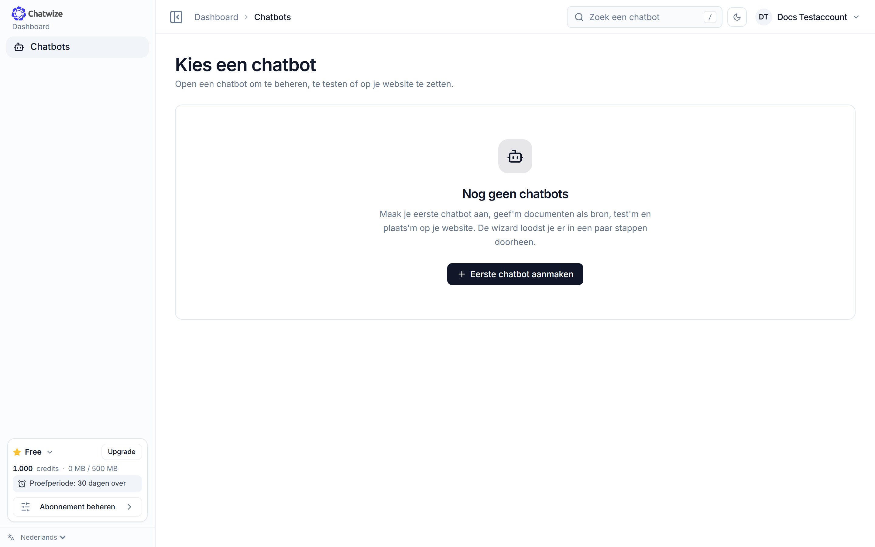 Chatwize Chatbots-pagina met de lege staat en de aanmaakknop