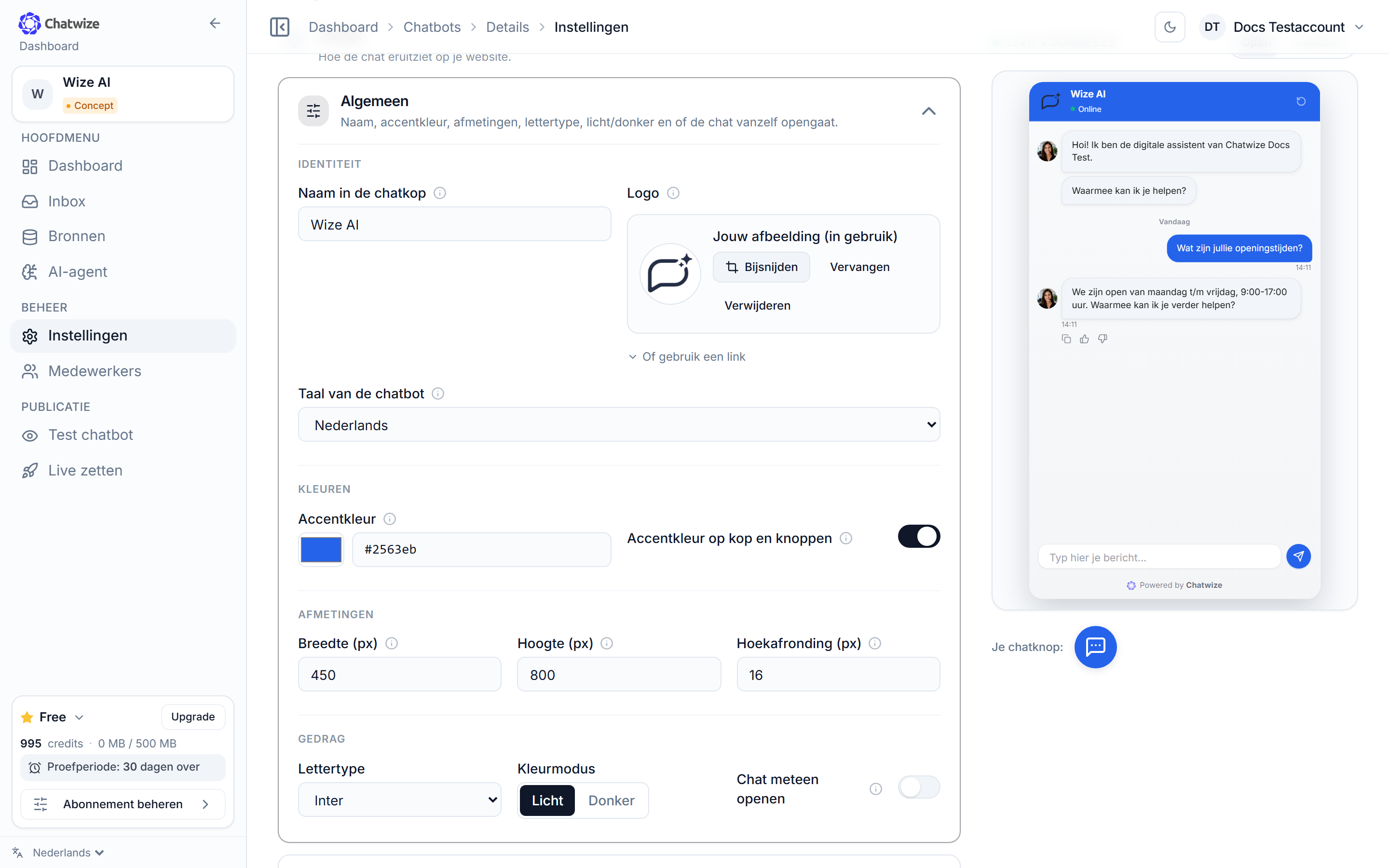 Chatwize Instellingen-pagina met de Uiterlijk-secties