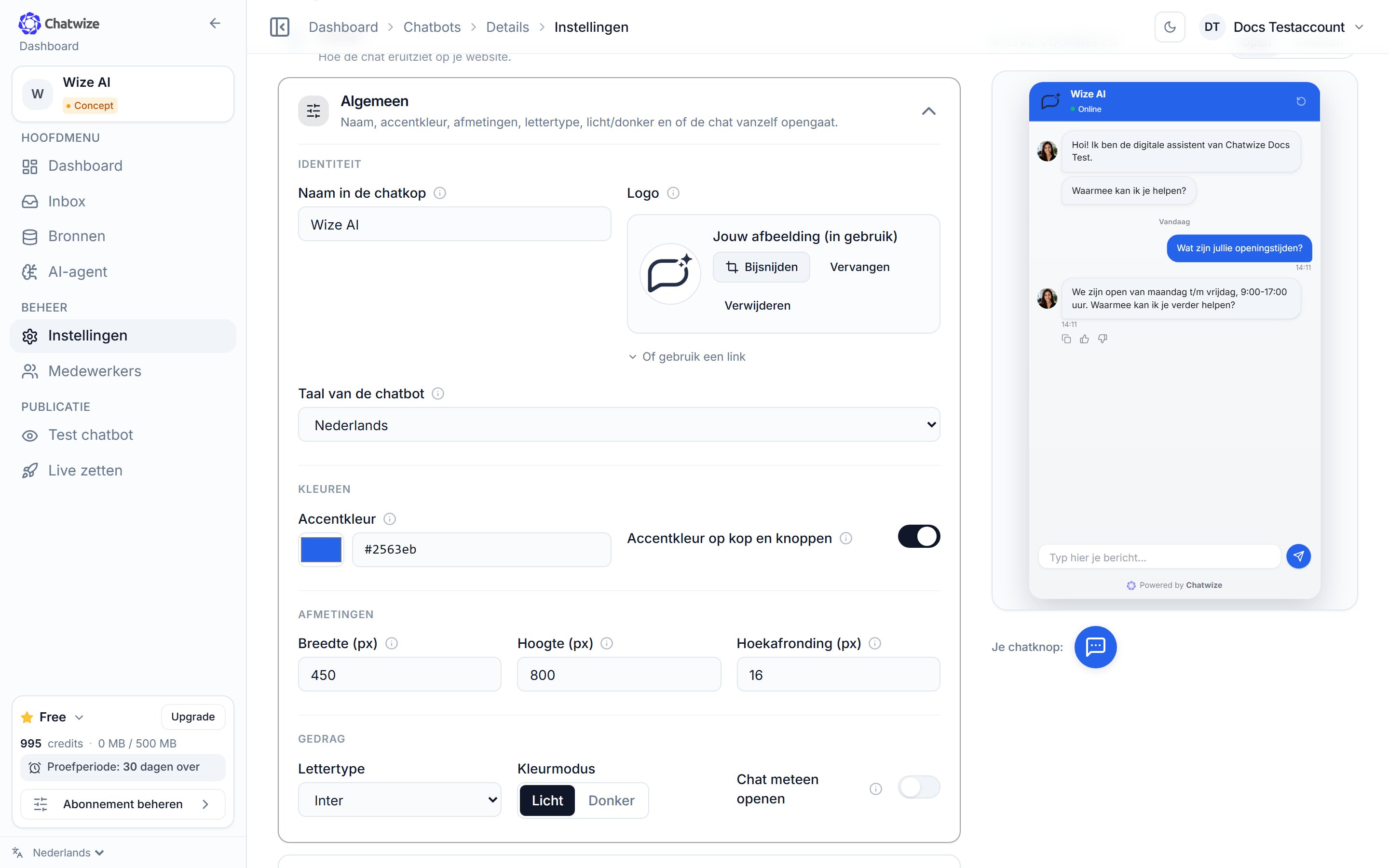 Chatwize Instellingen-pagina met de Uiterlijk-secties