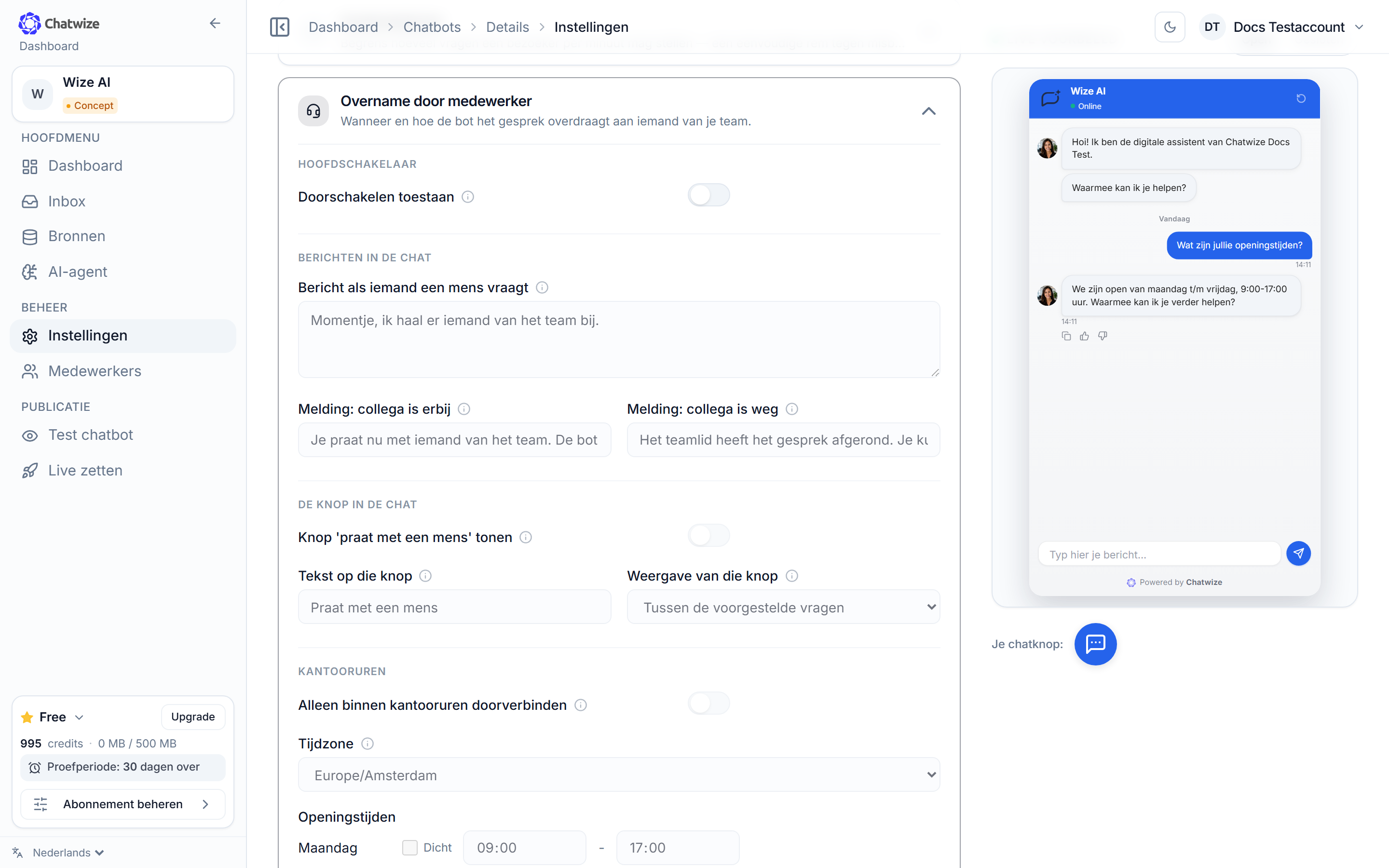 Chatwize Instellingen-pagina met de sectie Overname door medewerker