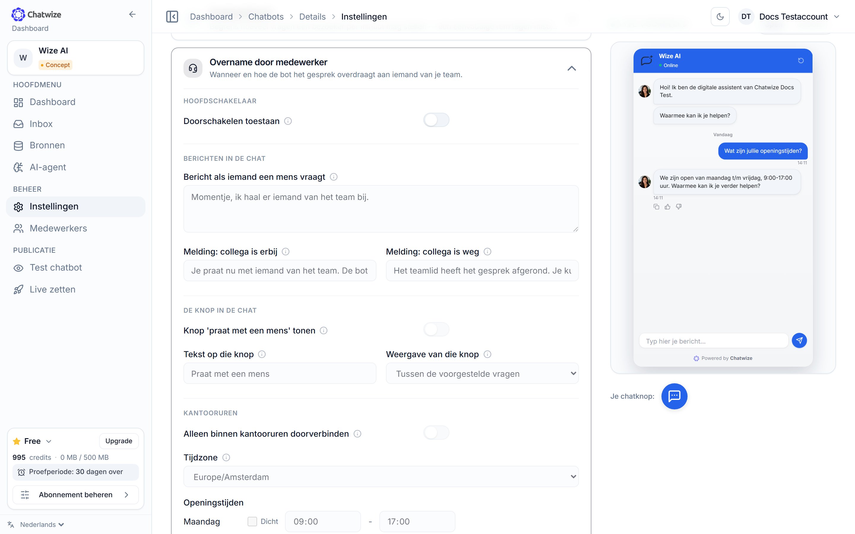 Chatwize Instellingen-pagina met de sectie Overname door medewerker