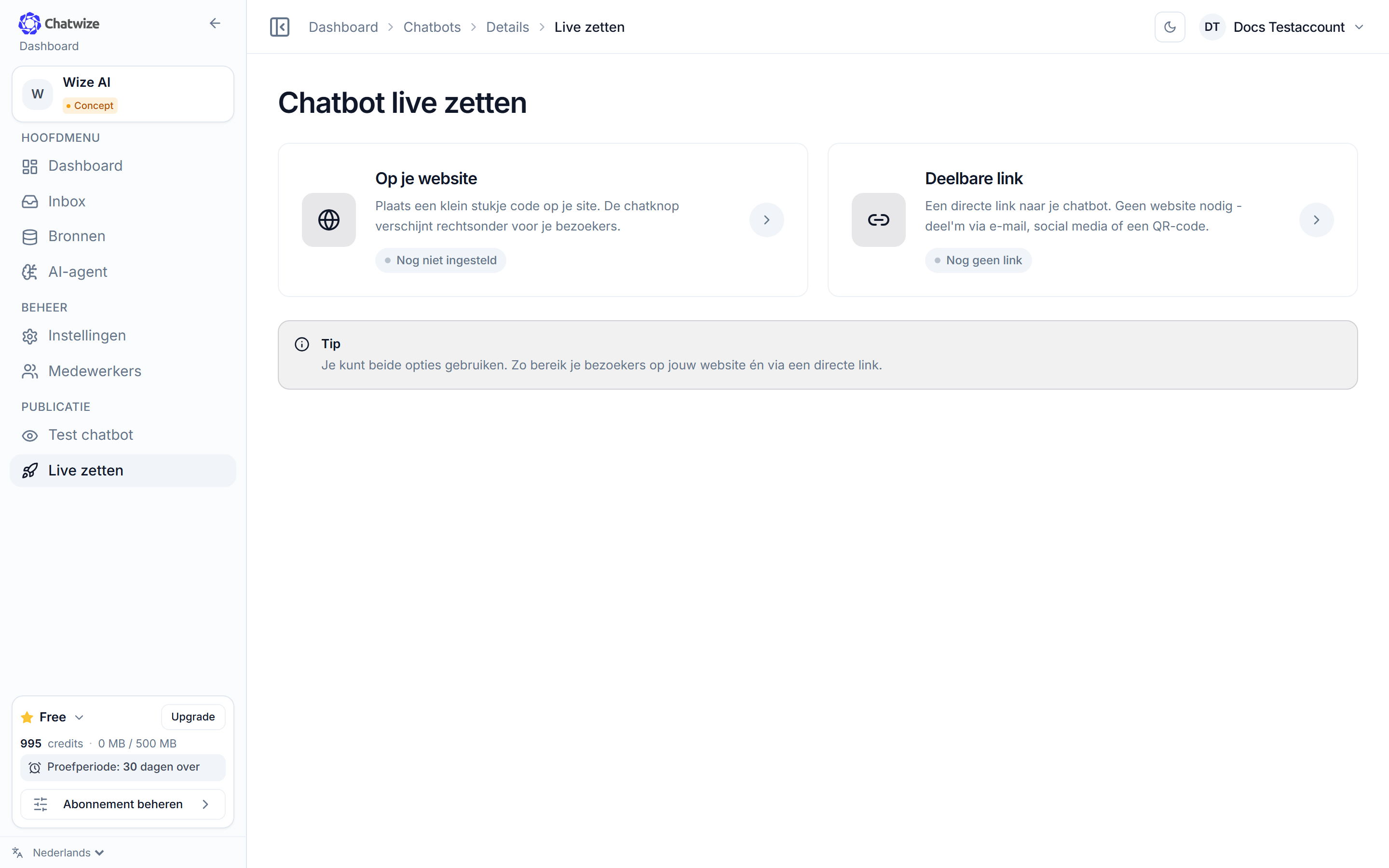 Chatwize Live zetten-pagina met de optie Op je website