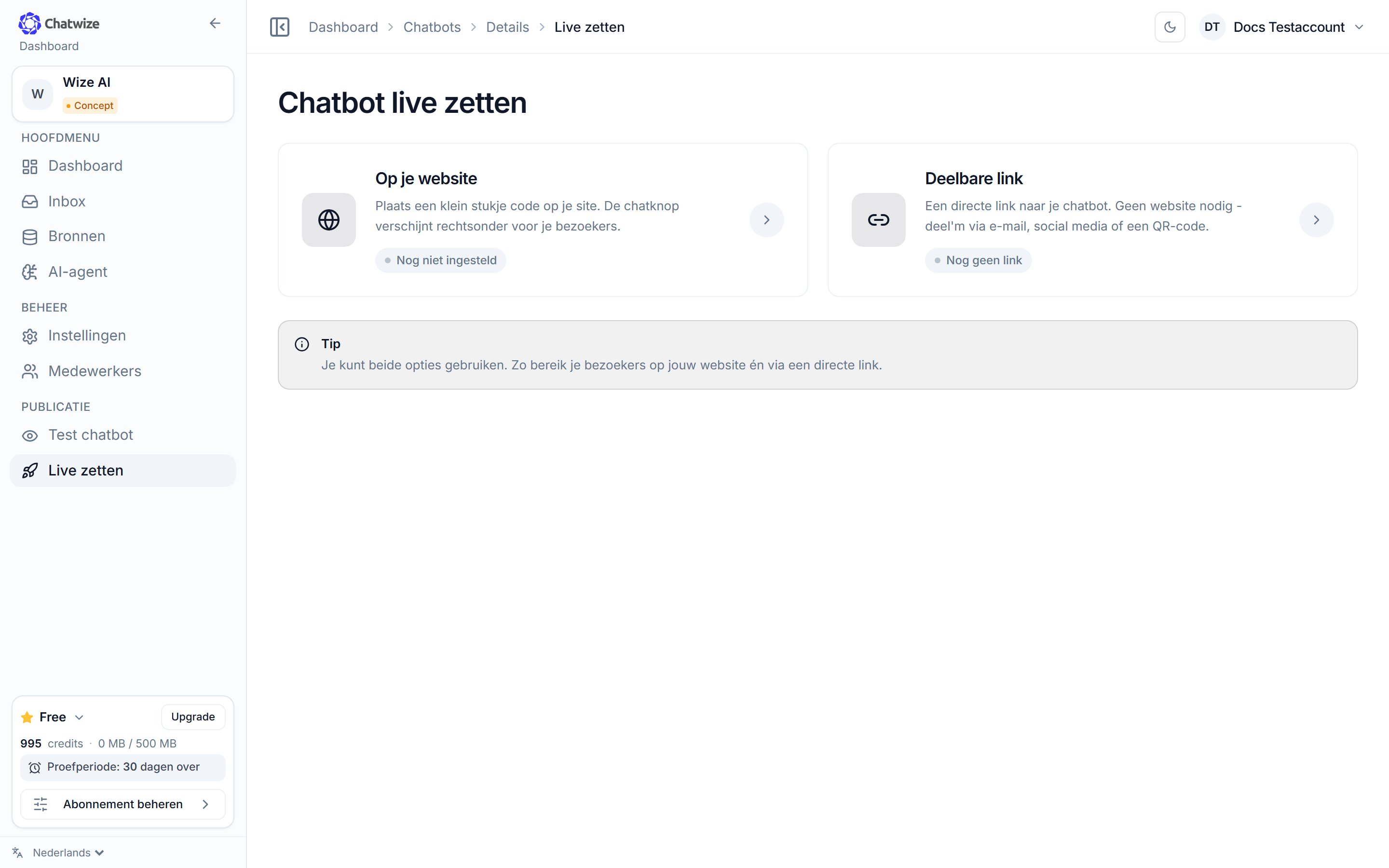 Chatwize Live zetten-pagina met de optie Op je website