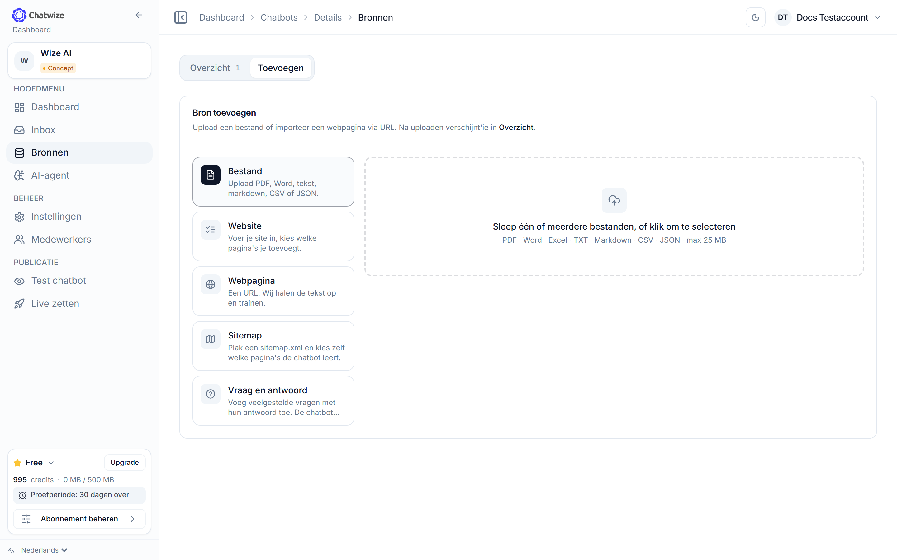 Chatwize-bronnenpagina met de opties om een bron toe te voegen