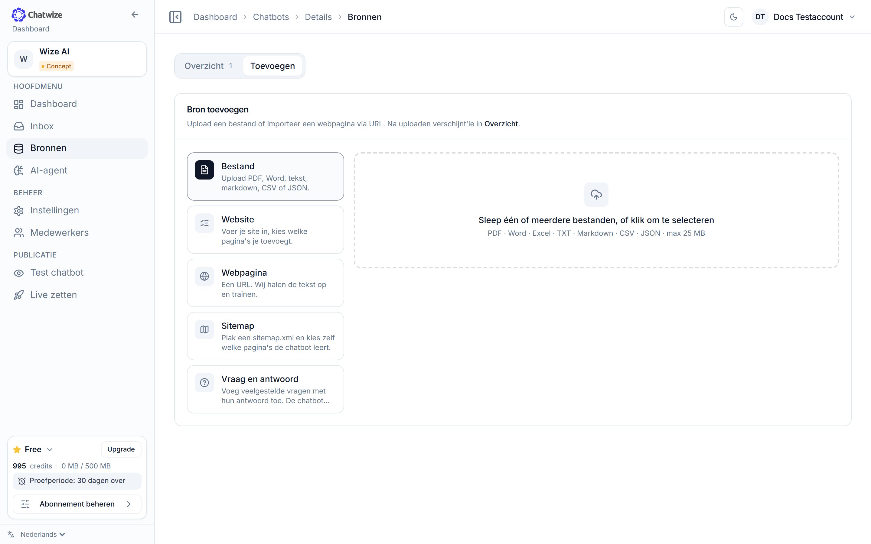 Chatwize-bronnenpagina met de opties om een bron toe te voegen