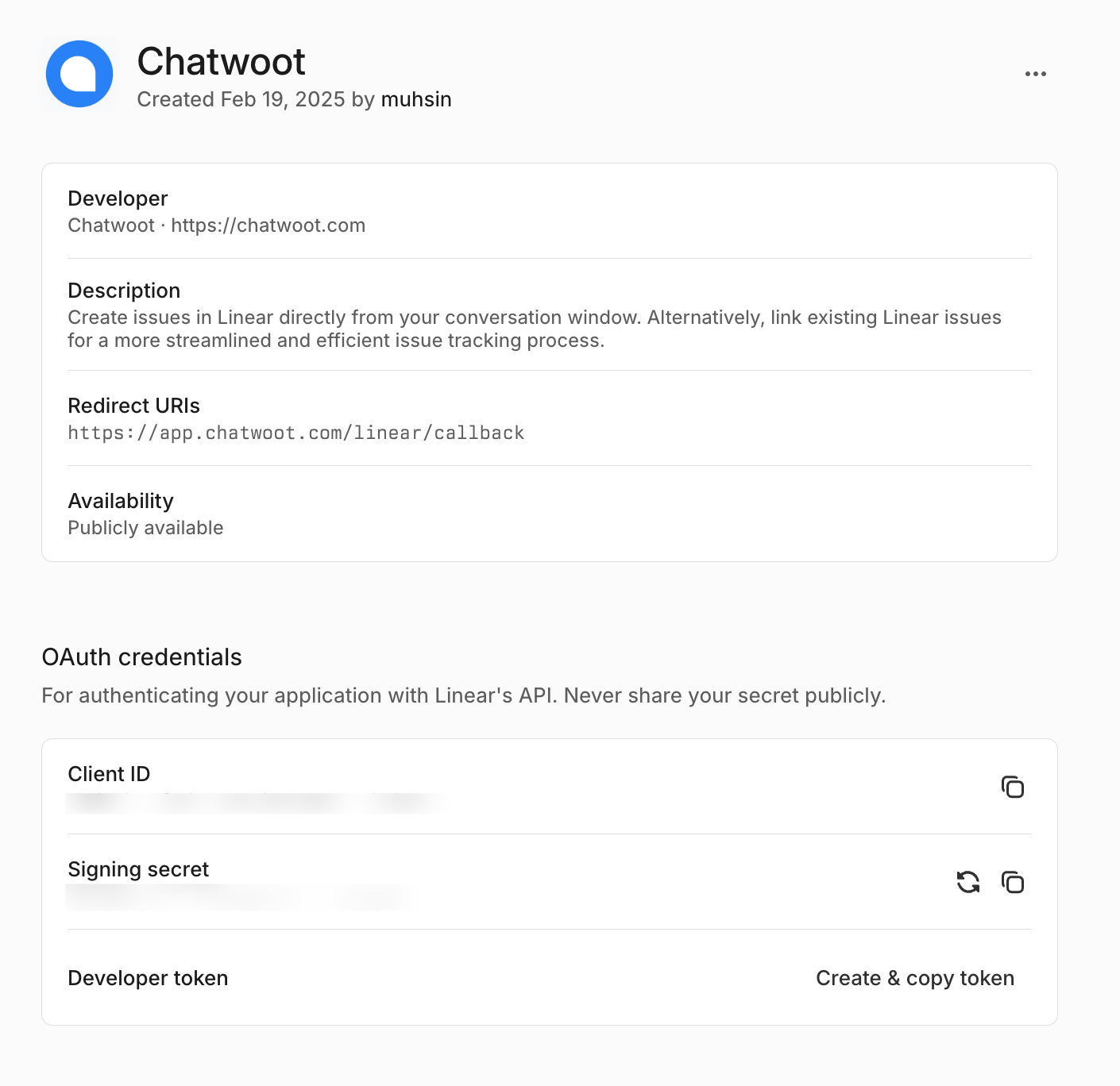 Linear Developer Setting Up Linear Integration - Chatwoot Developer Docs