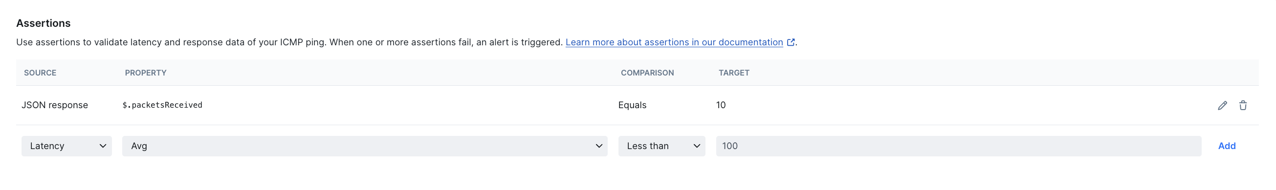 ICMP monitor assertion example for latency and JSON response