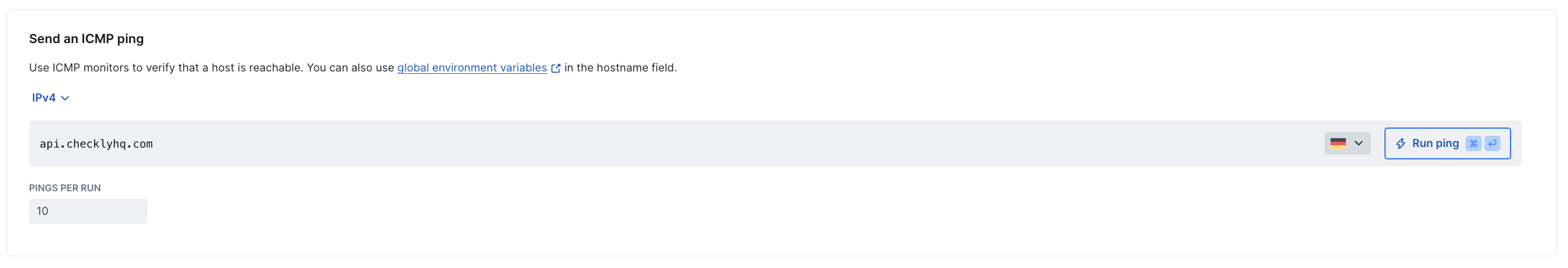 ICMP monitor request configuration options showing target host and ping count