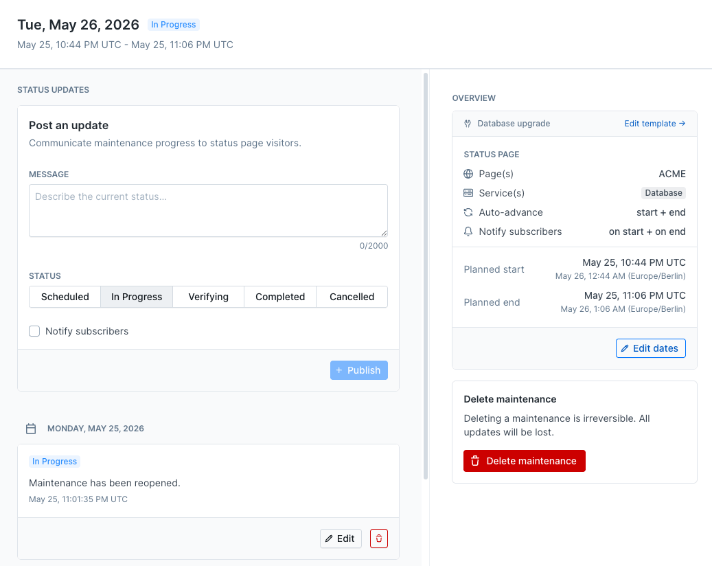 Posting a maintenance update in the webapp, with the update form and the overview sidebar