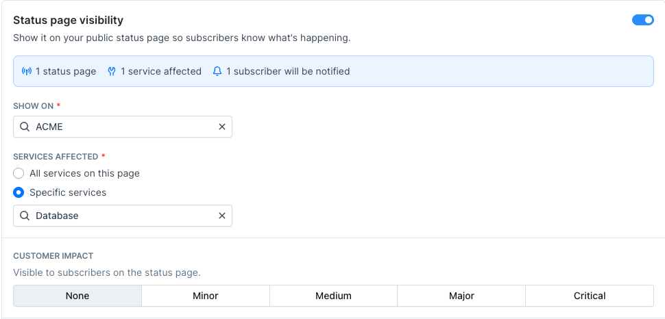 Status page visibility settings on a maintenance window