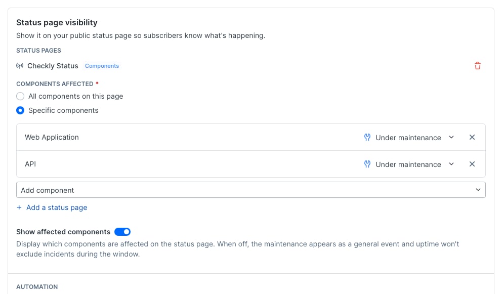 Status page visibility settings on a maintenance window