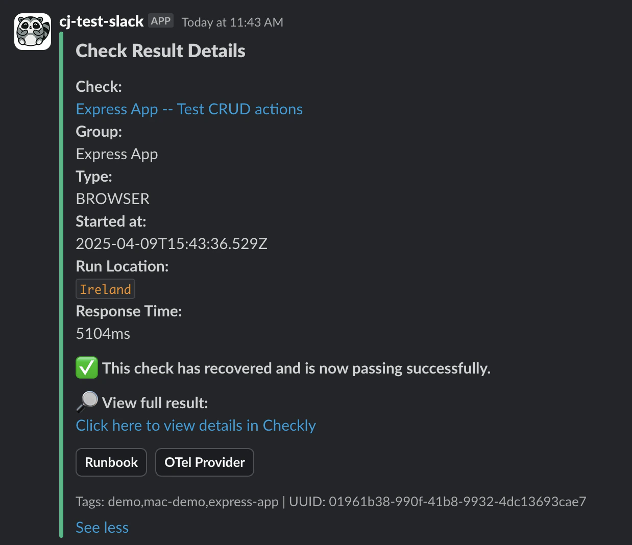 A customized slack message showing a recovered alert