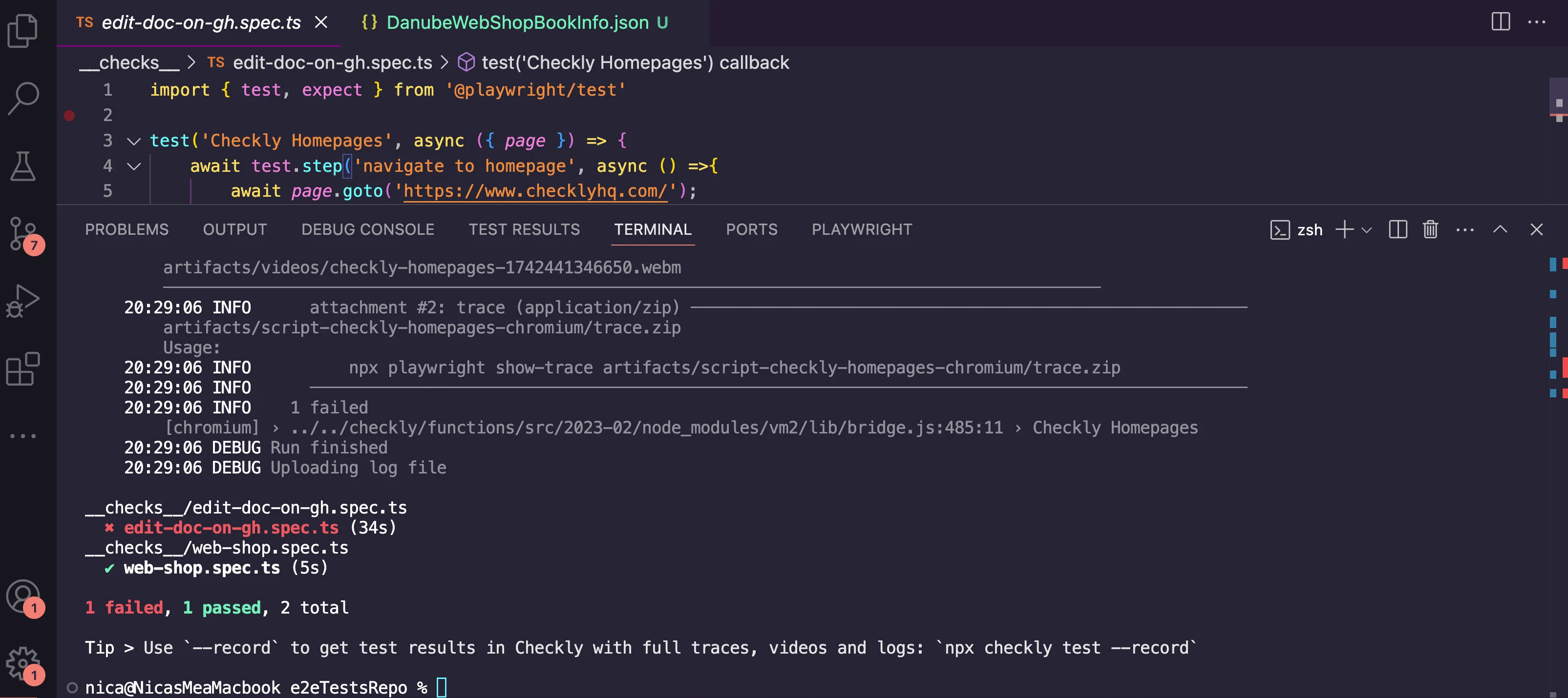 The Checkly CLI running playwright tests from the Checkly network