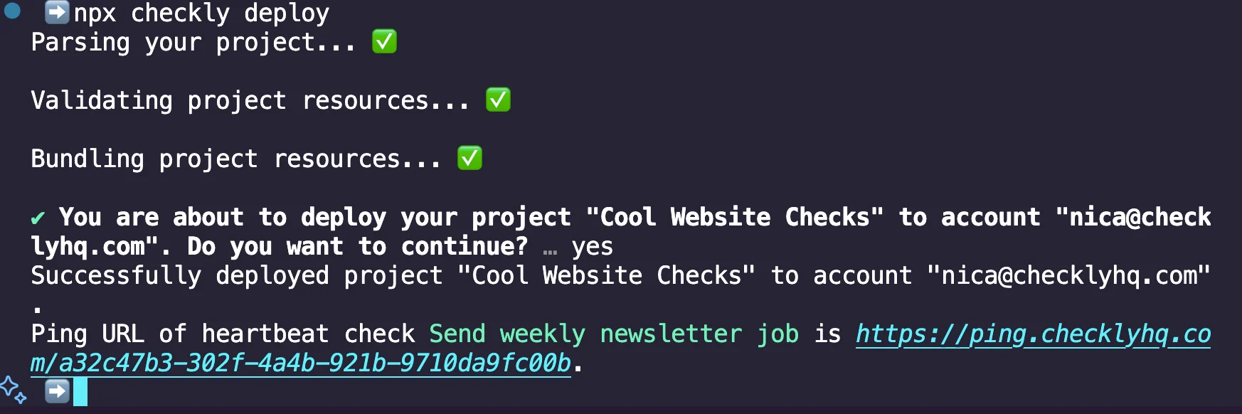 The Checkly deploy command returning to the CLI